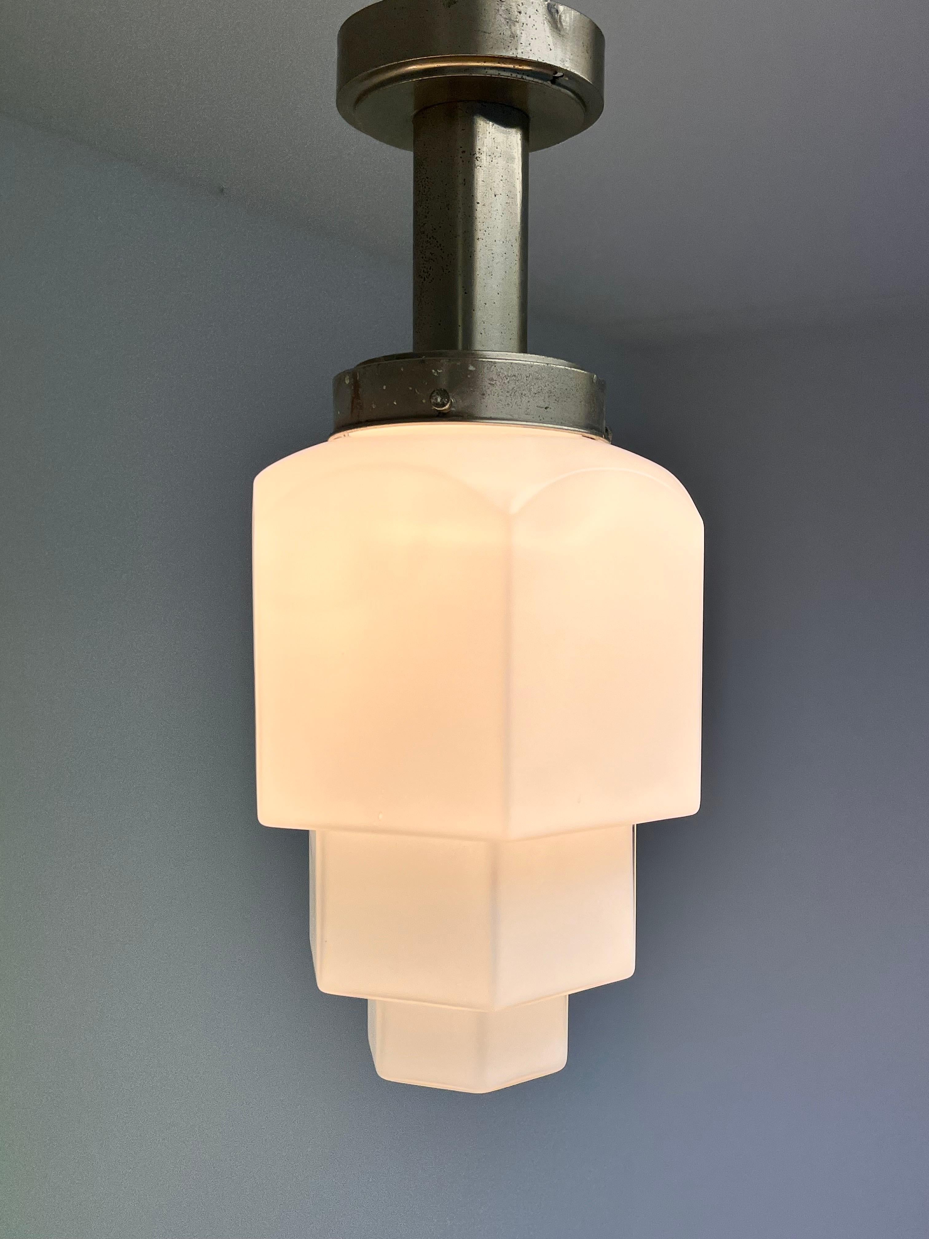 Art Deco Art-deco Brass and opaline glass ceiling lamp - around 1920s For Sale