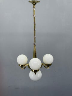 Art Deco Brass and Opaline Glass Chandelier, 1930s