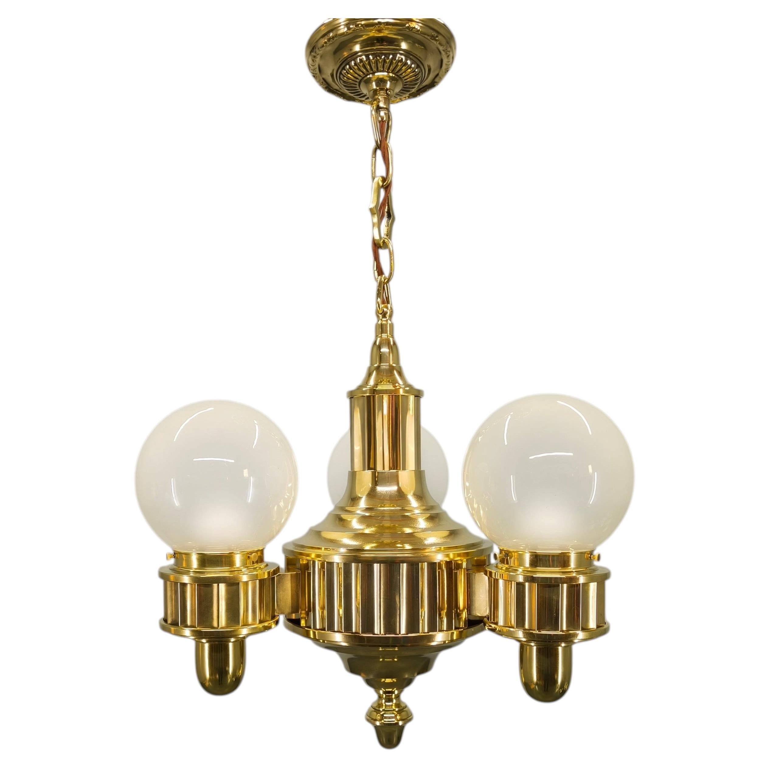 Art Deco Brass and Opaline Glass Chandelier, Czechoslovakia