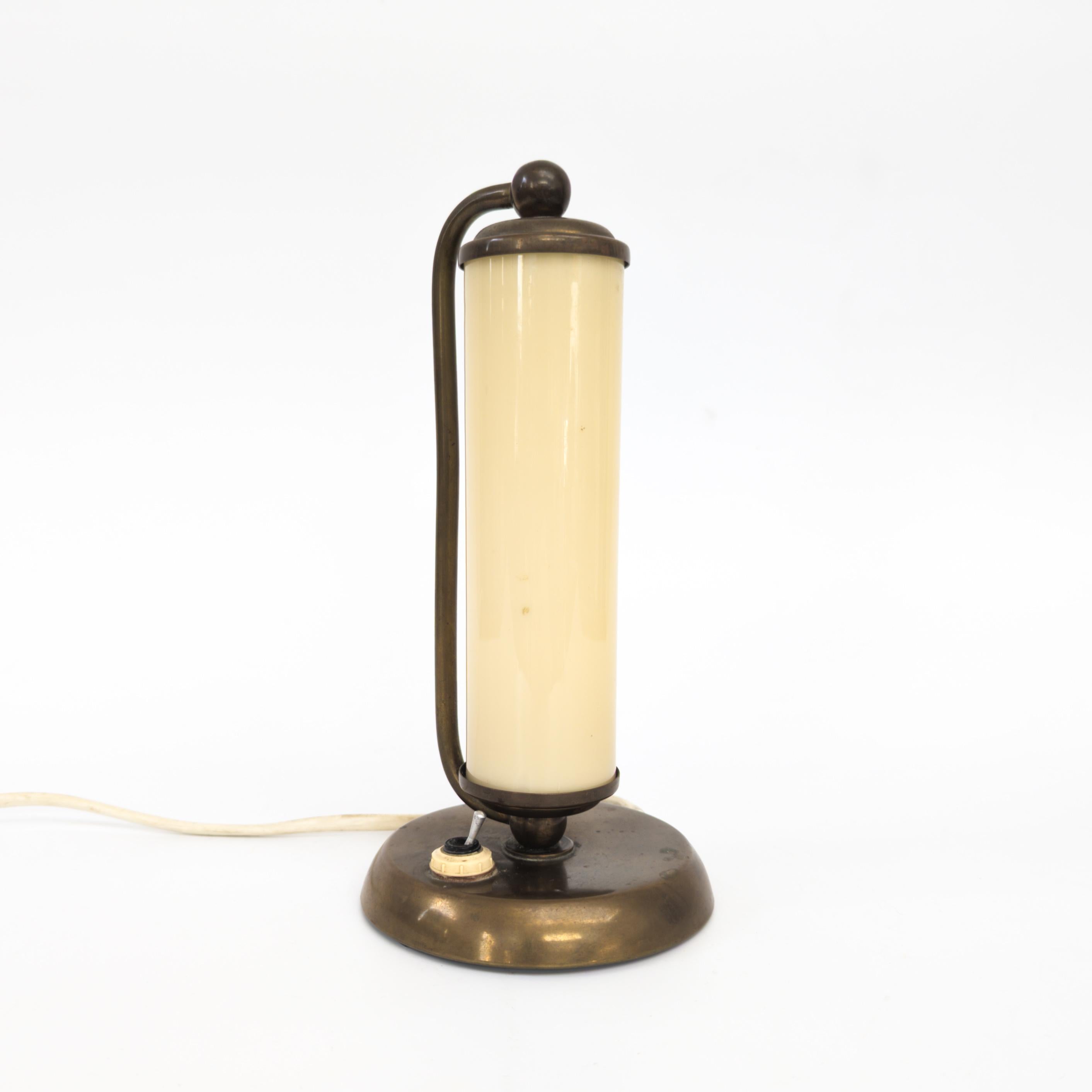 Czech Art Deco brass and opaline glass table lamp by Napako, 1930s For Sale
