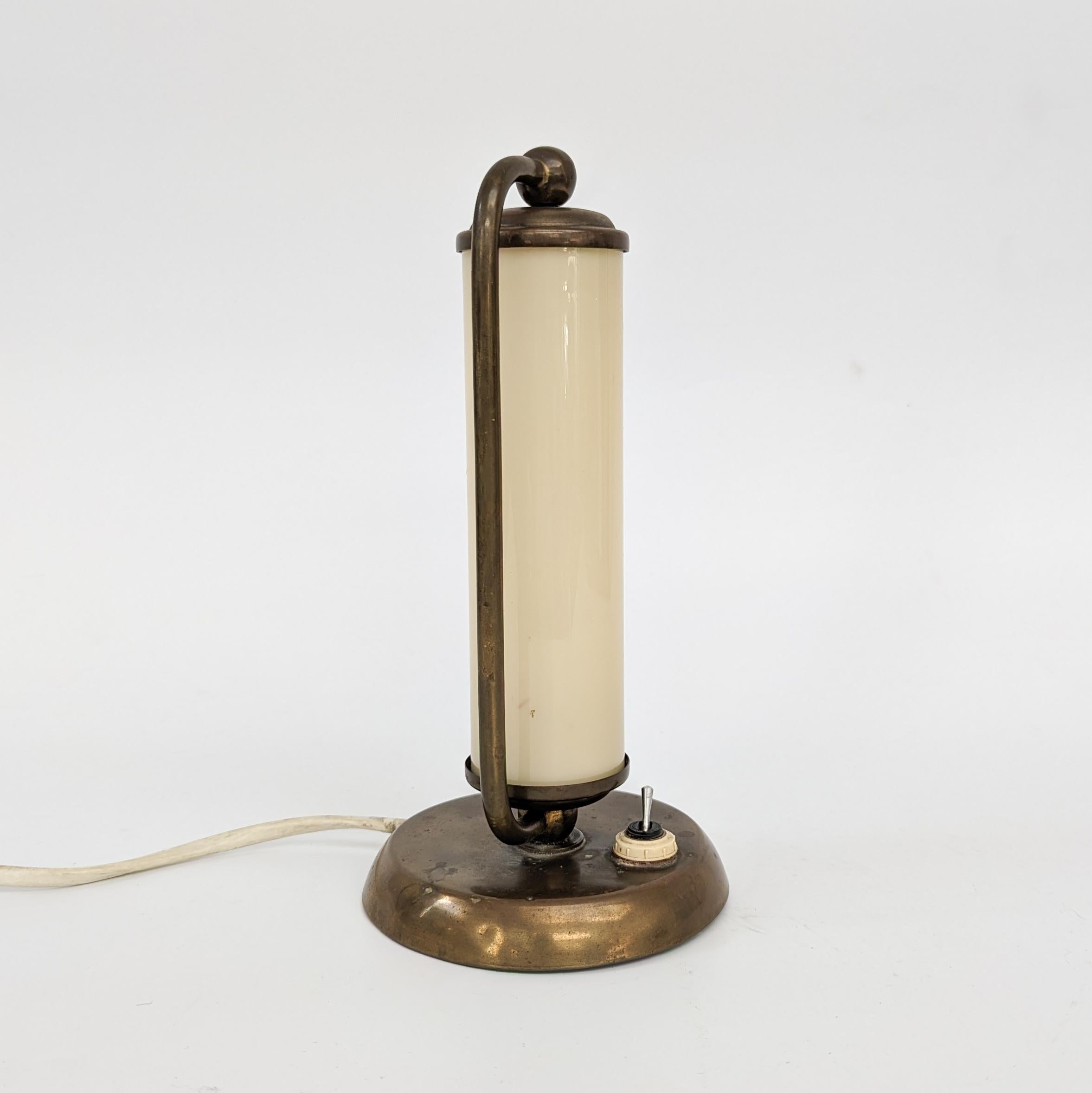 Mid-20th Century Art Deco brass and opaline glass table lamp by Napako, 1930s For Sale