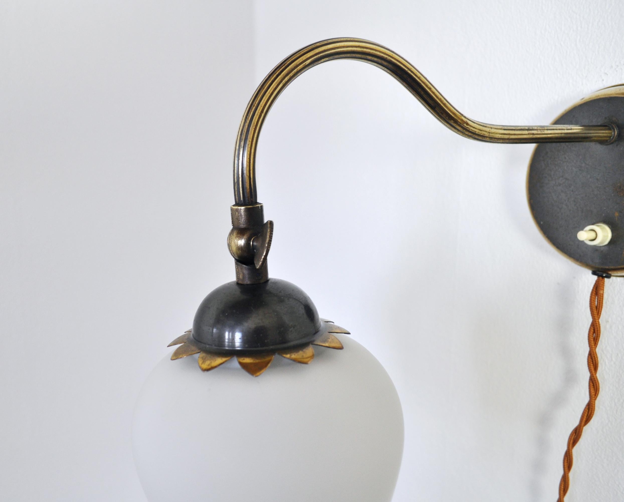 20th Century Art Deco Brass and Opaline Glass Wall Lamp, Scandinavia, 1930s For Sale