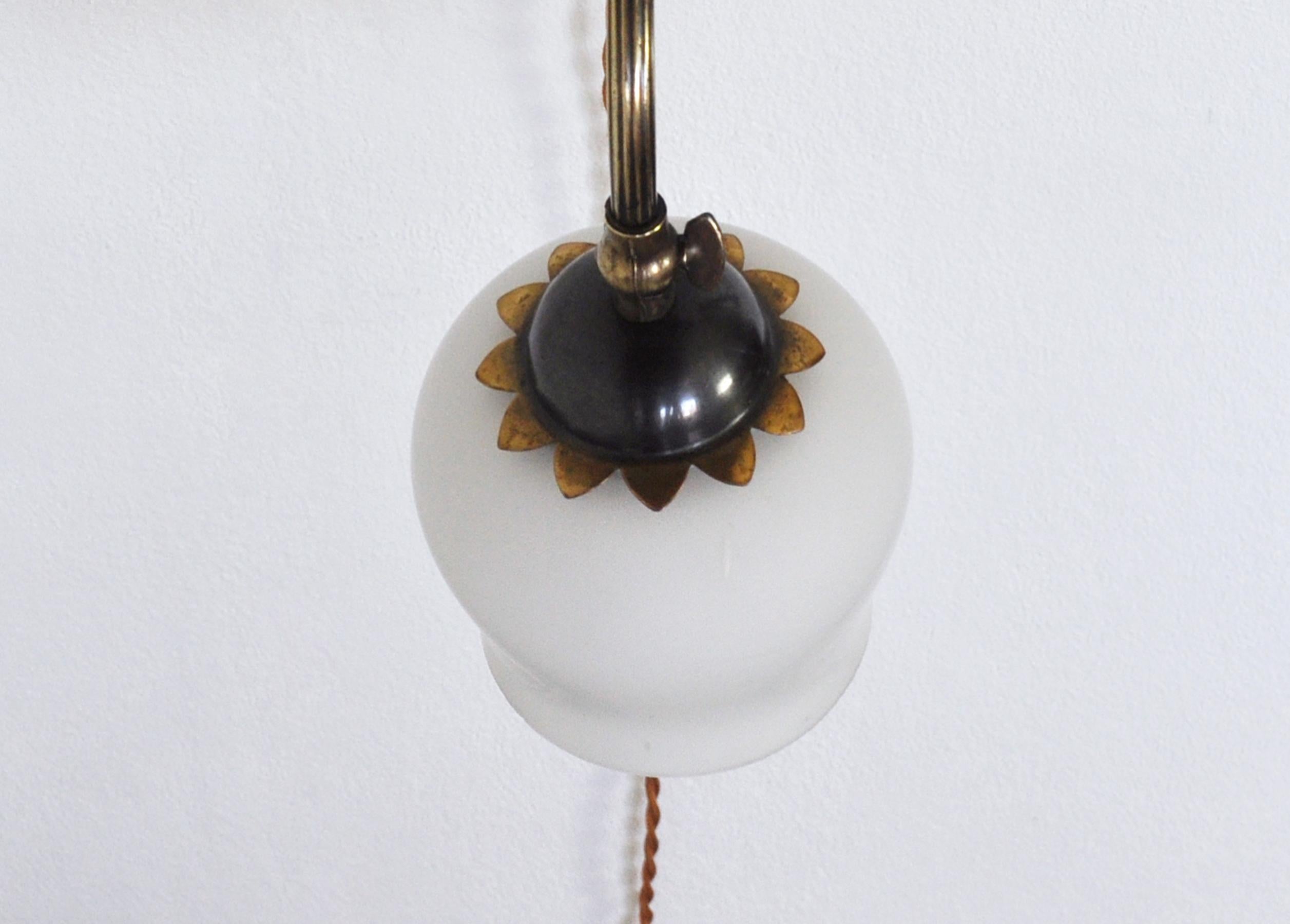 Art Deco Brass and Opaline Glass Wall Lamp, Scandinavia, 1930s For Sale 2