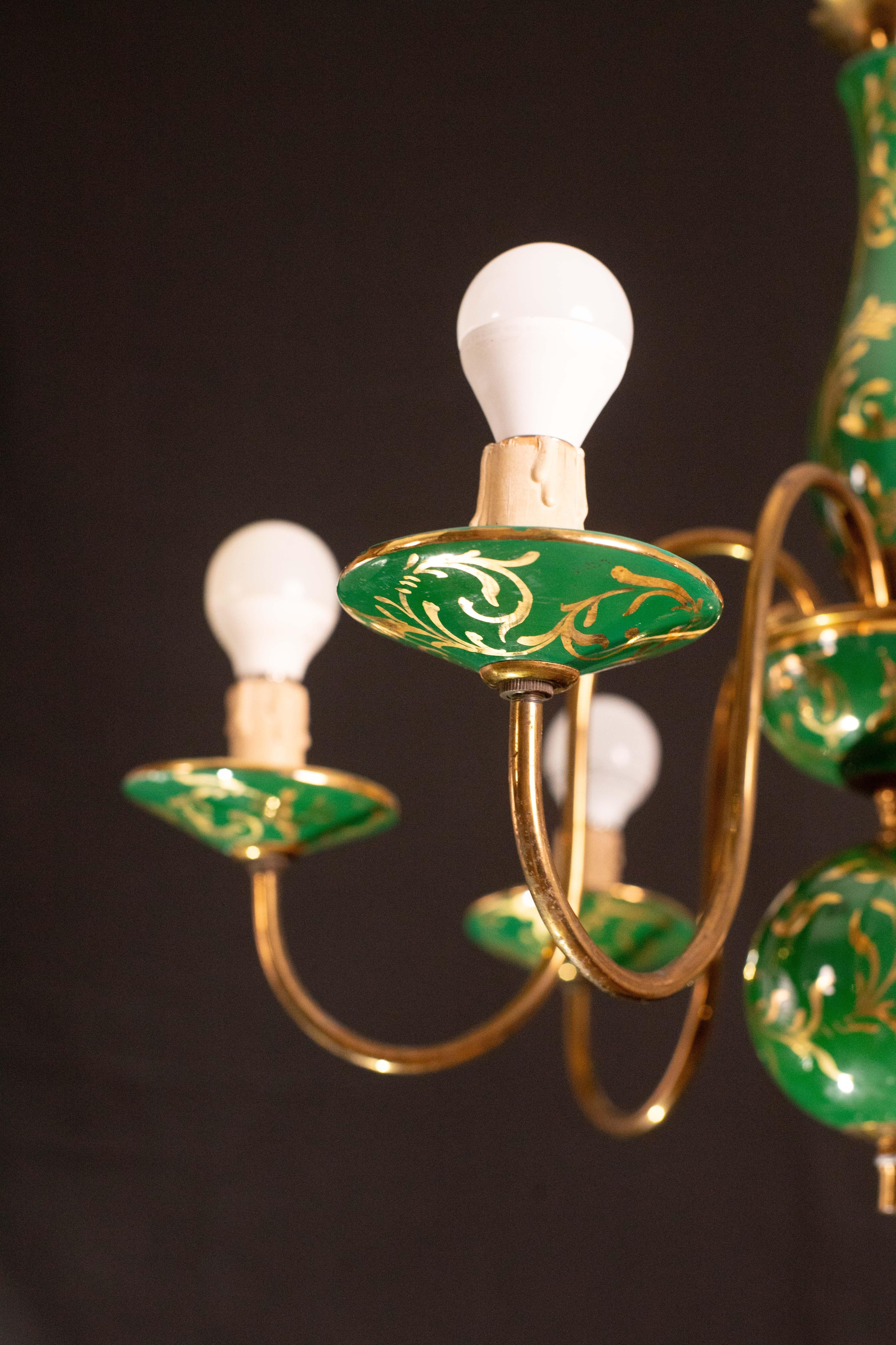 Art Deco Brass and Painted Terracotta Chandelier, 1950s For Sale 6