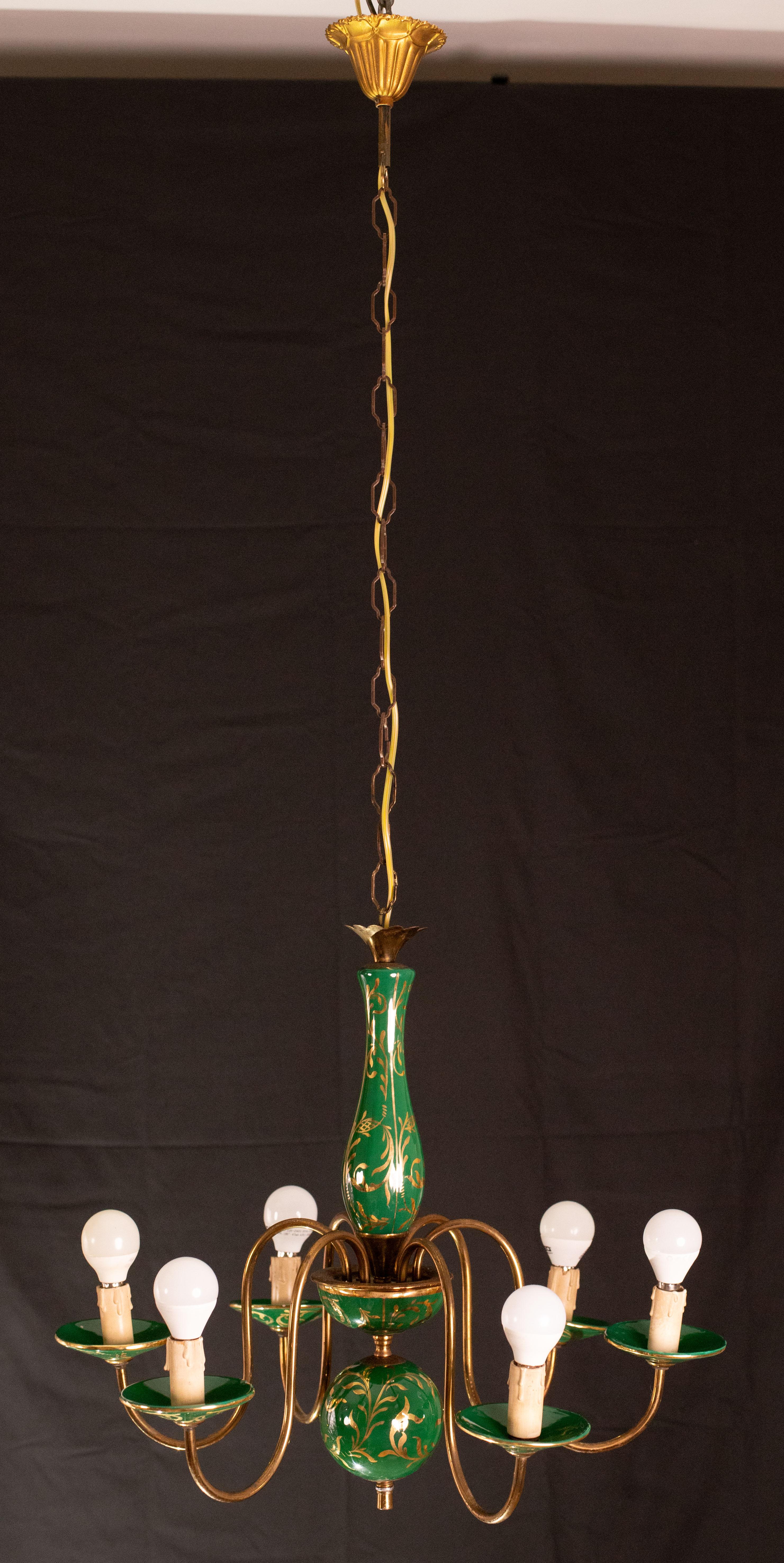 Art Deco Brass and Painted Terracotta Chandelier, 1950s For Sale 8