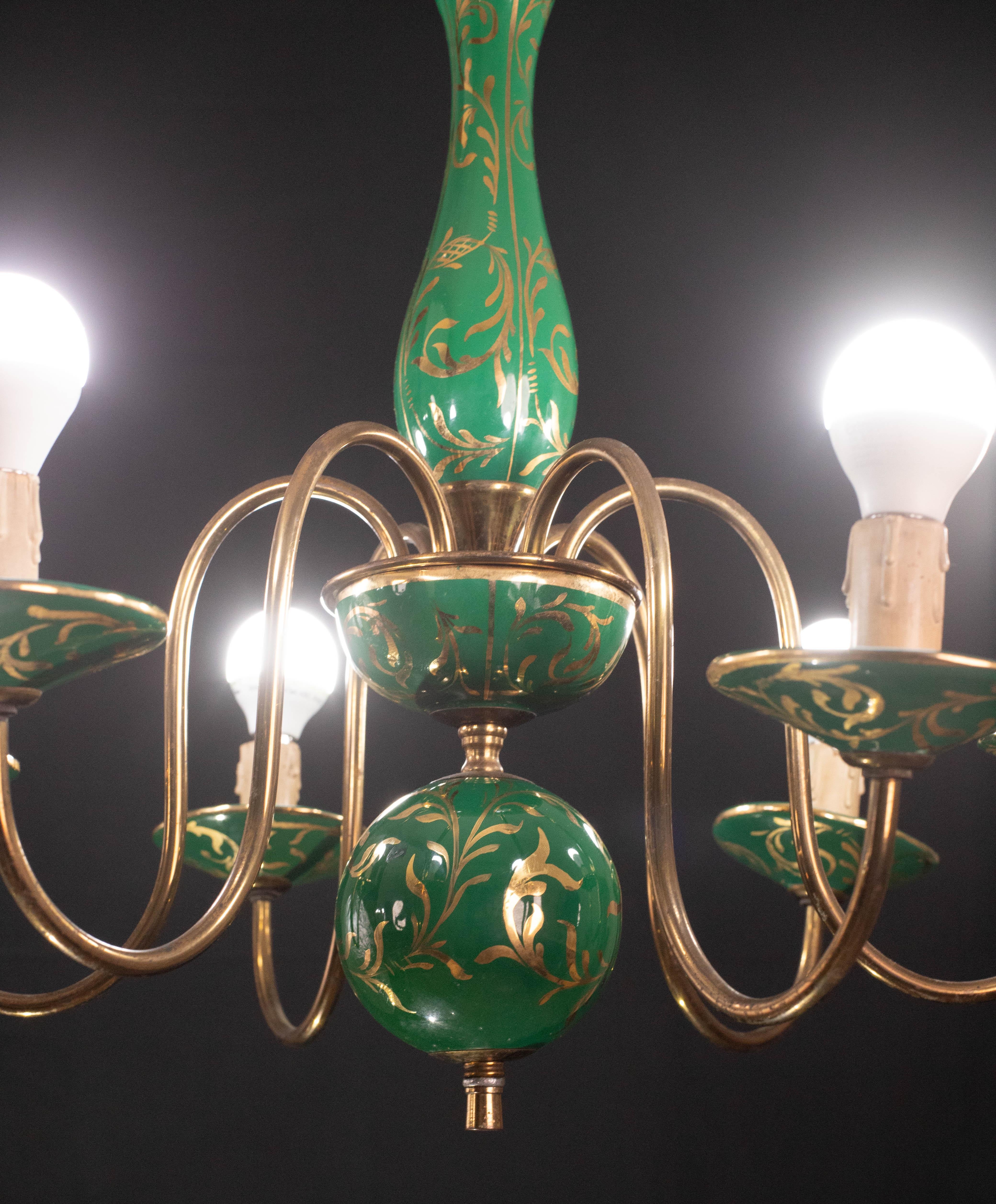 Art Deco Brass and Painted Terracotta Chandelier, 1950s In Good Condition For Sale In Roma, IT