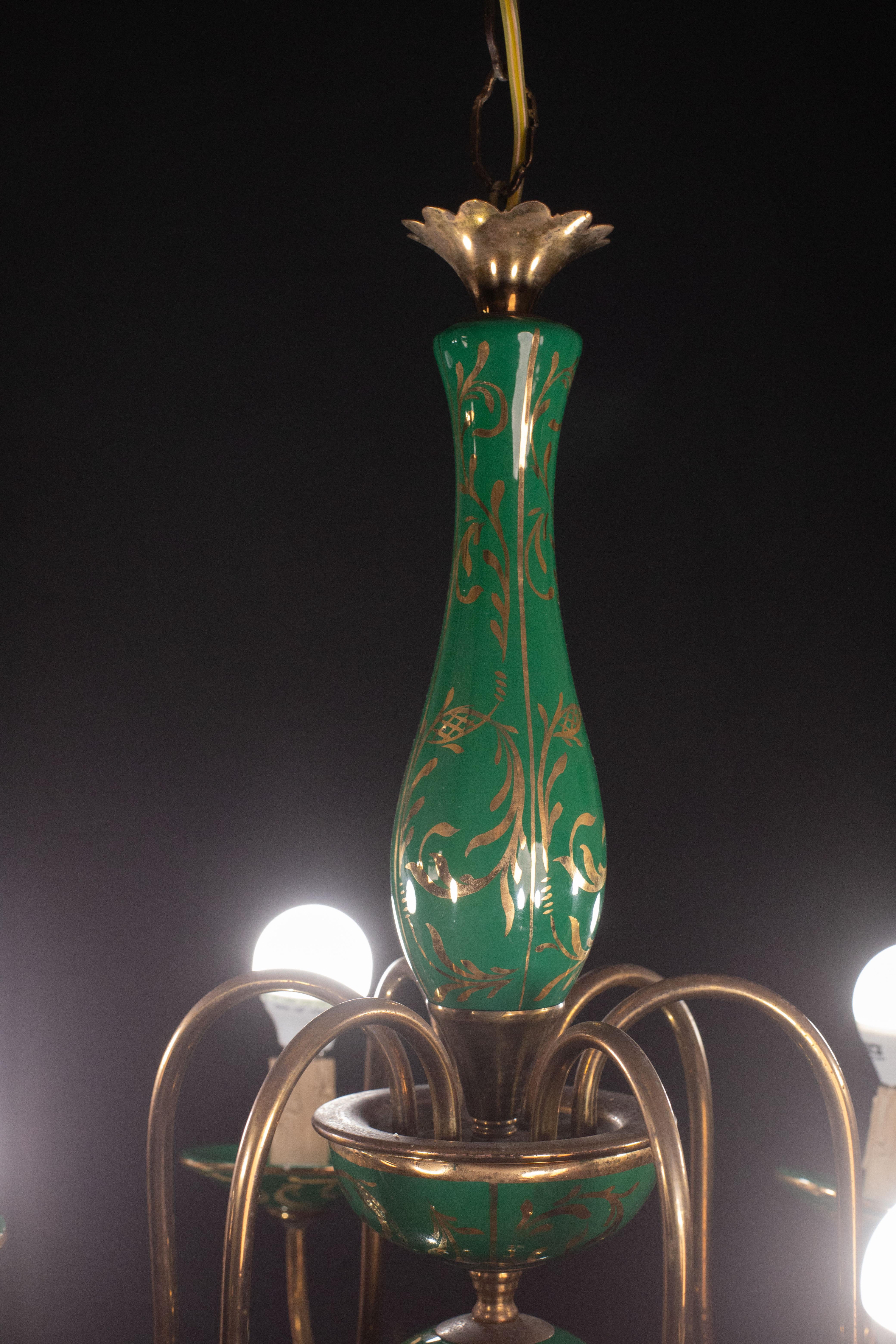 Mid-20th Century Art Deco Brass and Painted Terracotta Chandelier, 1950s For Sale