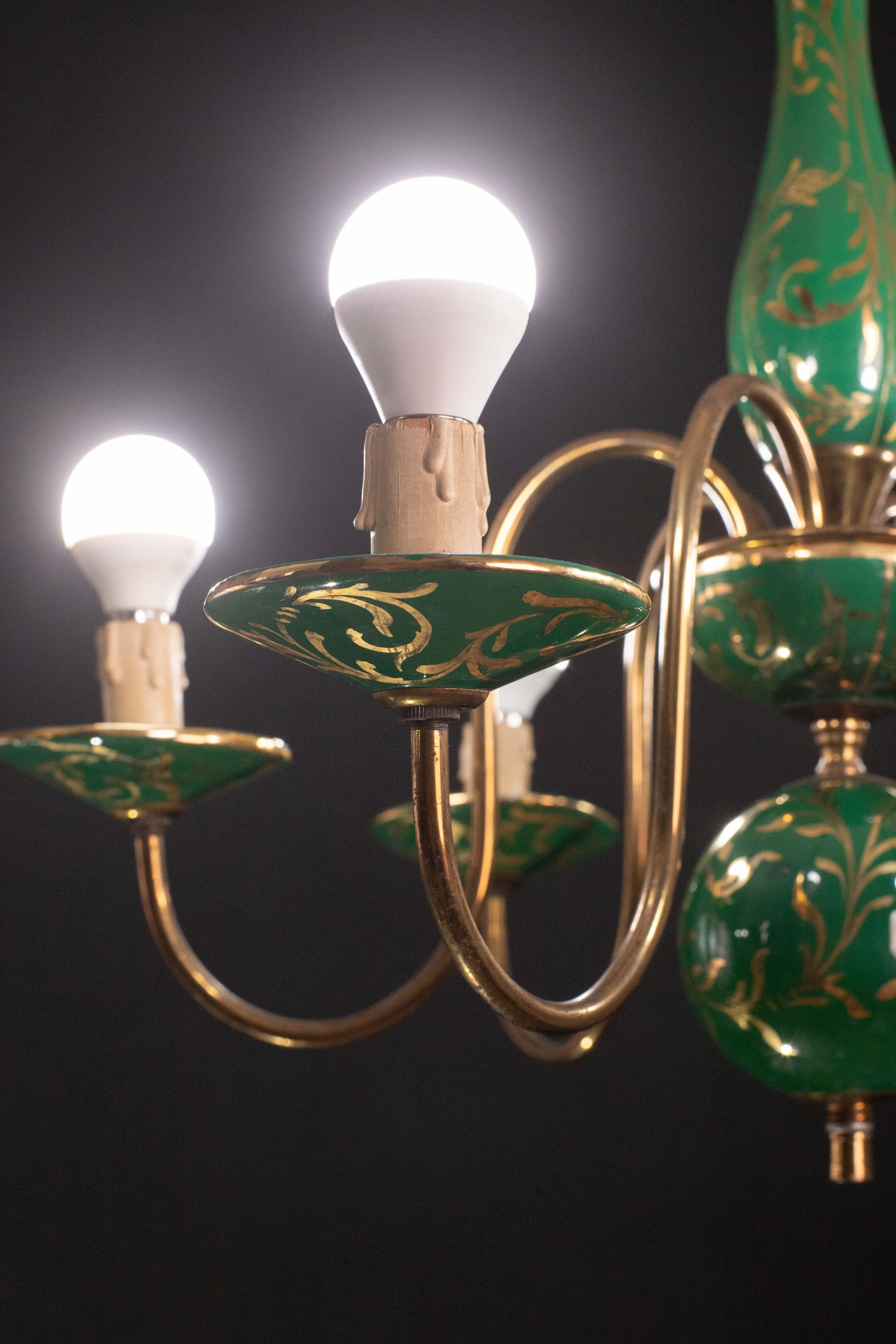 Art Deco Brass and Painted Terracotta Chandelier, 1950s For Sale 2