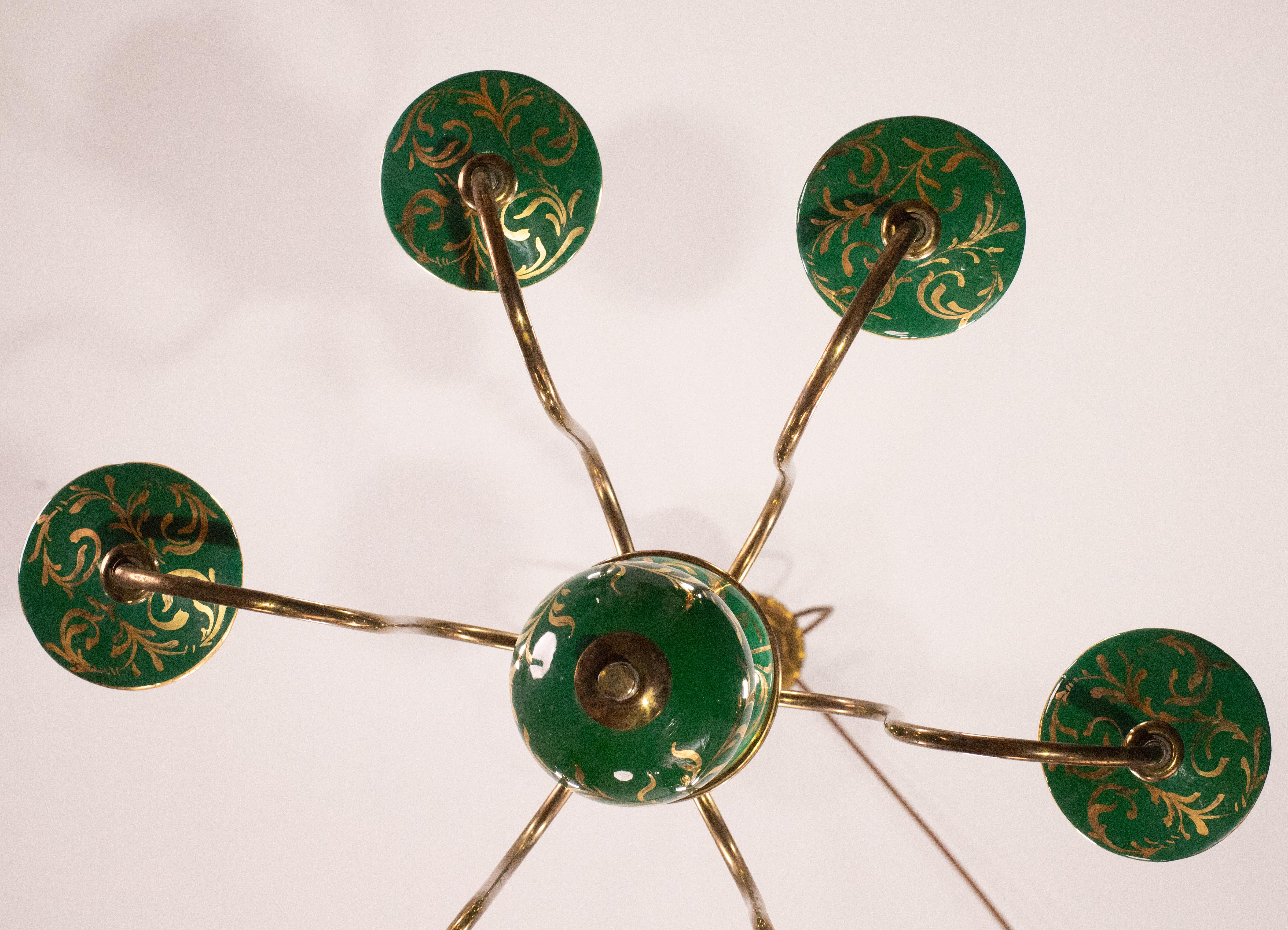 Art Deco Brass and Painted Terracotta Chandelier, 1950s For Sale 3
