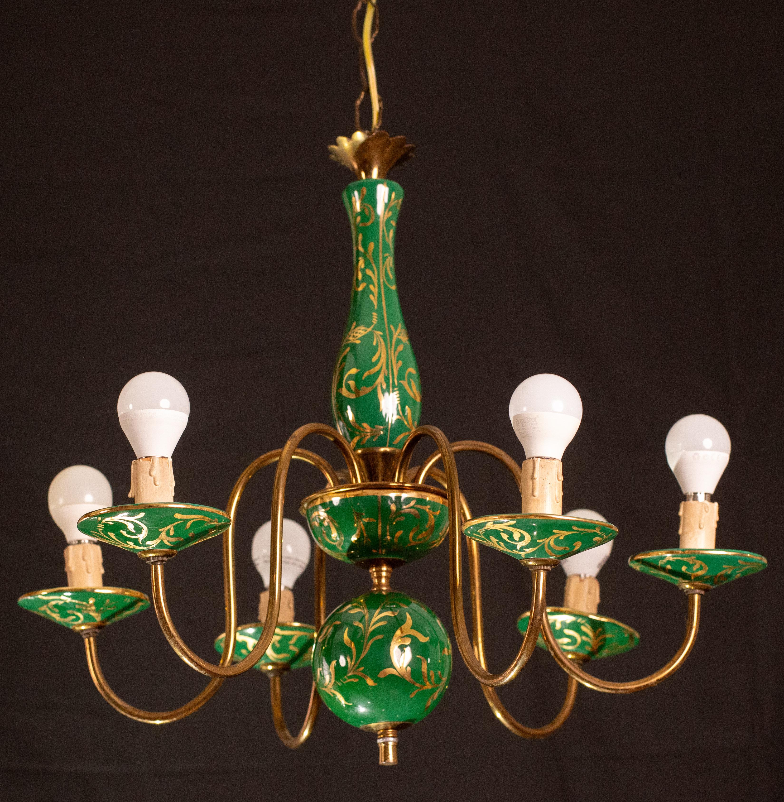 Art Deco Brass and Painted Terracotta Chandelier, 1950s For Sale 4