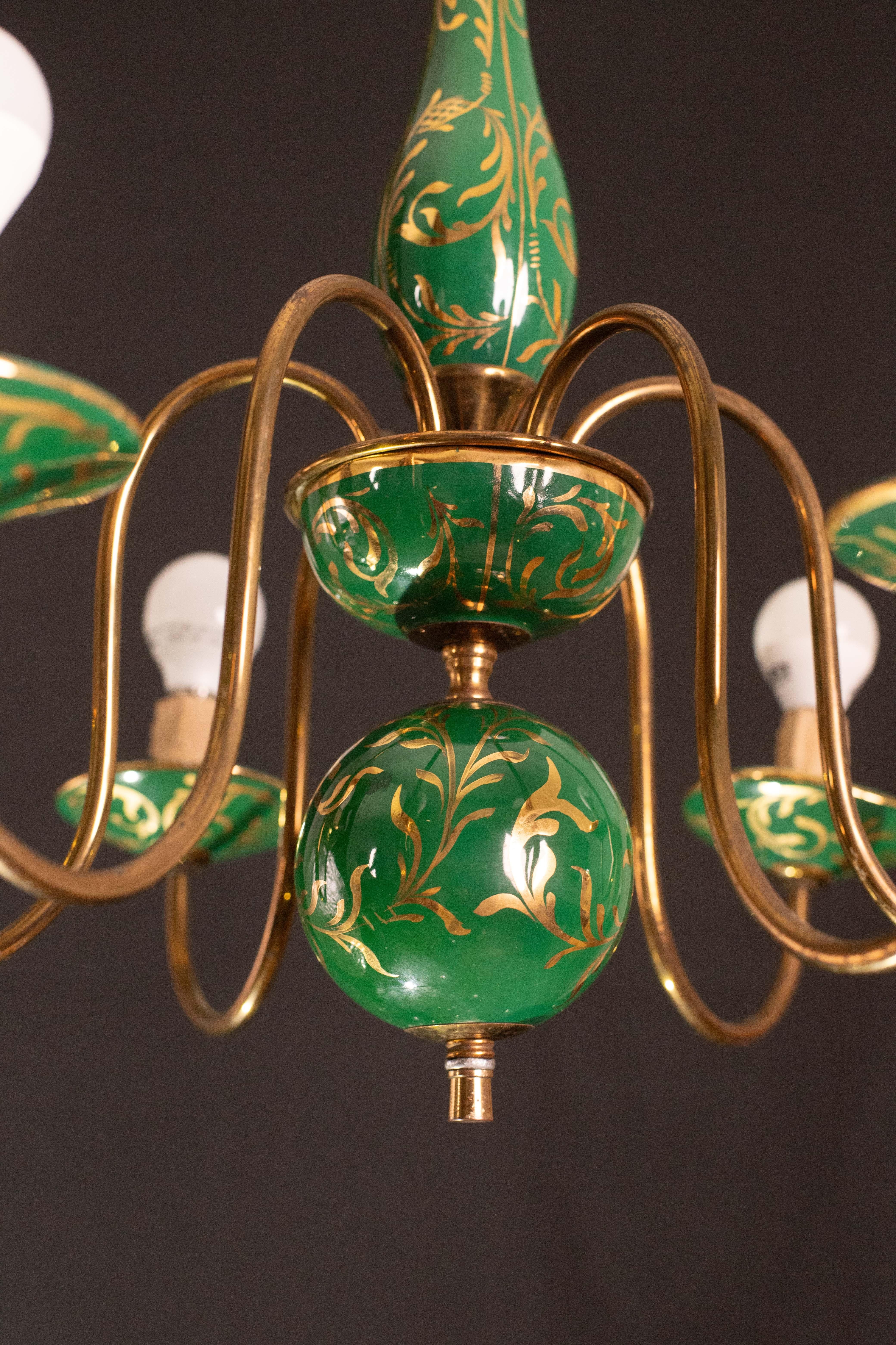 Art Deco Brass and Painted Terracotta Chandelier, 1950s For Sale 5