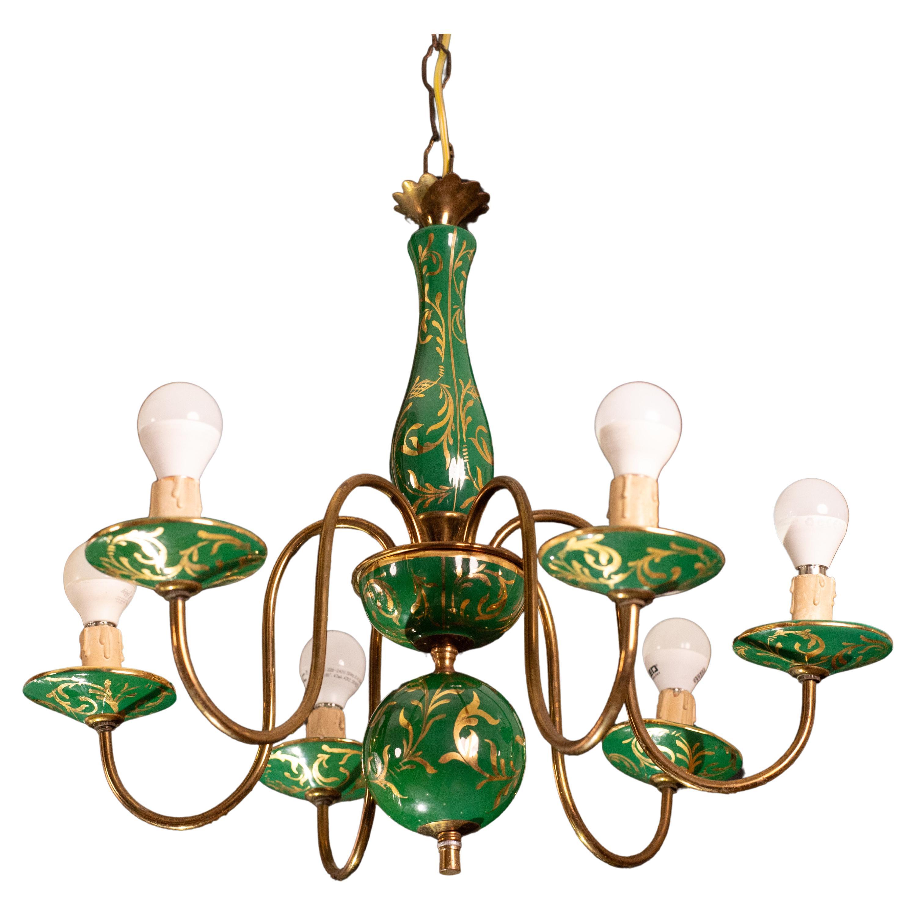 Art Deco Brass and Painted Terracotta Chandelier, 1950s For Sale