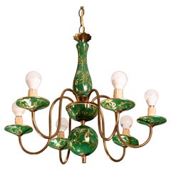Retro Art Deco Brass and Painted Terracotta Chandelier, 1950s