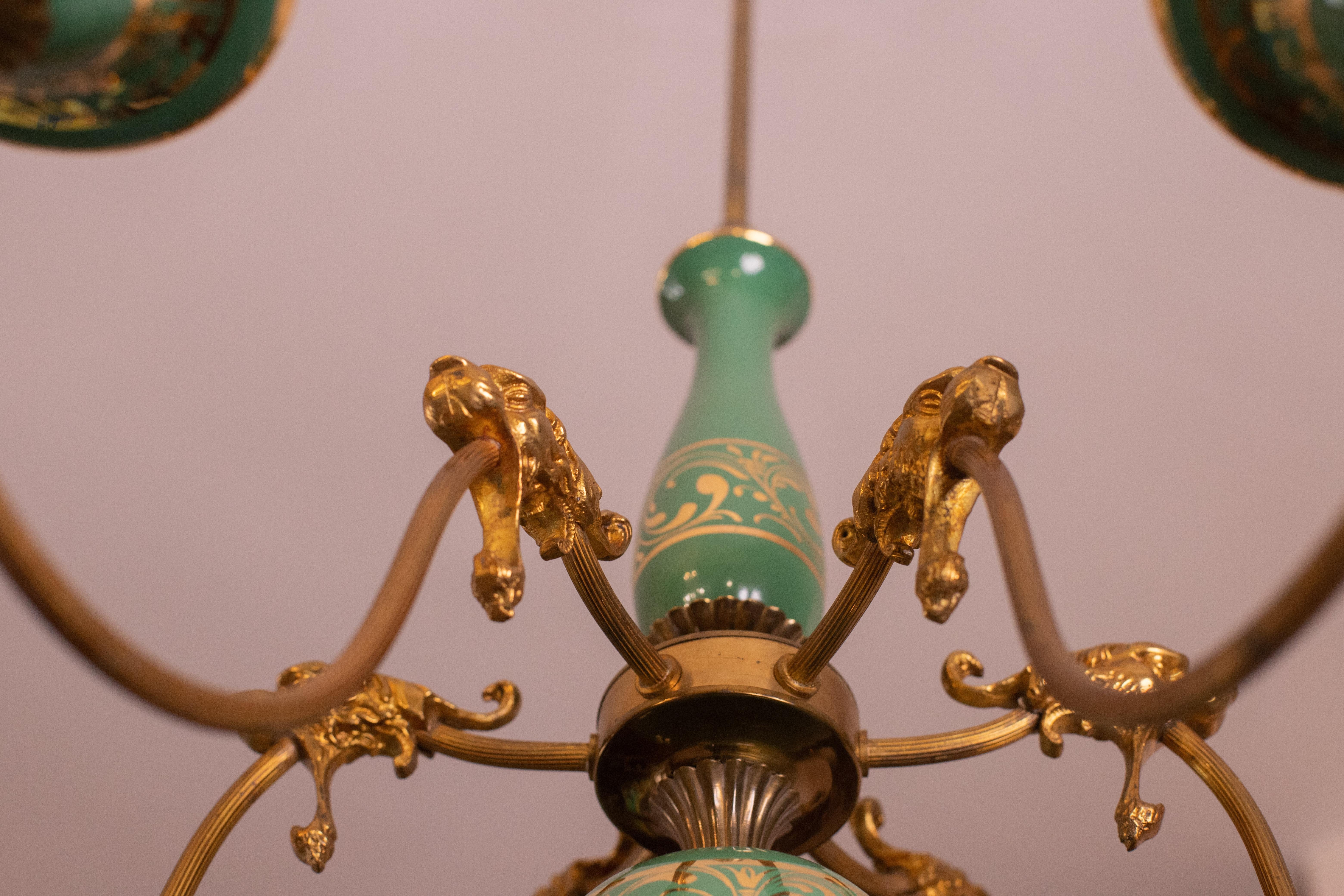 Art Deco Brass and Painted Terracotta Chandelier with Lion Friezes, 1950s 6