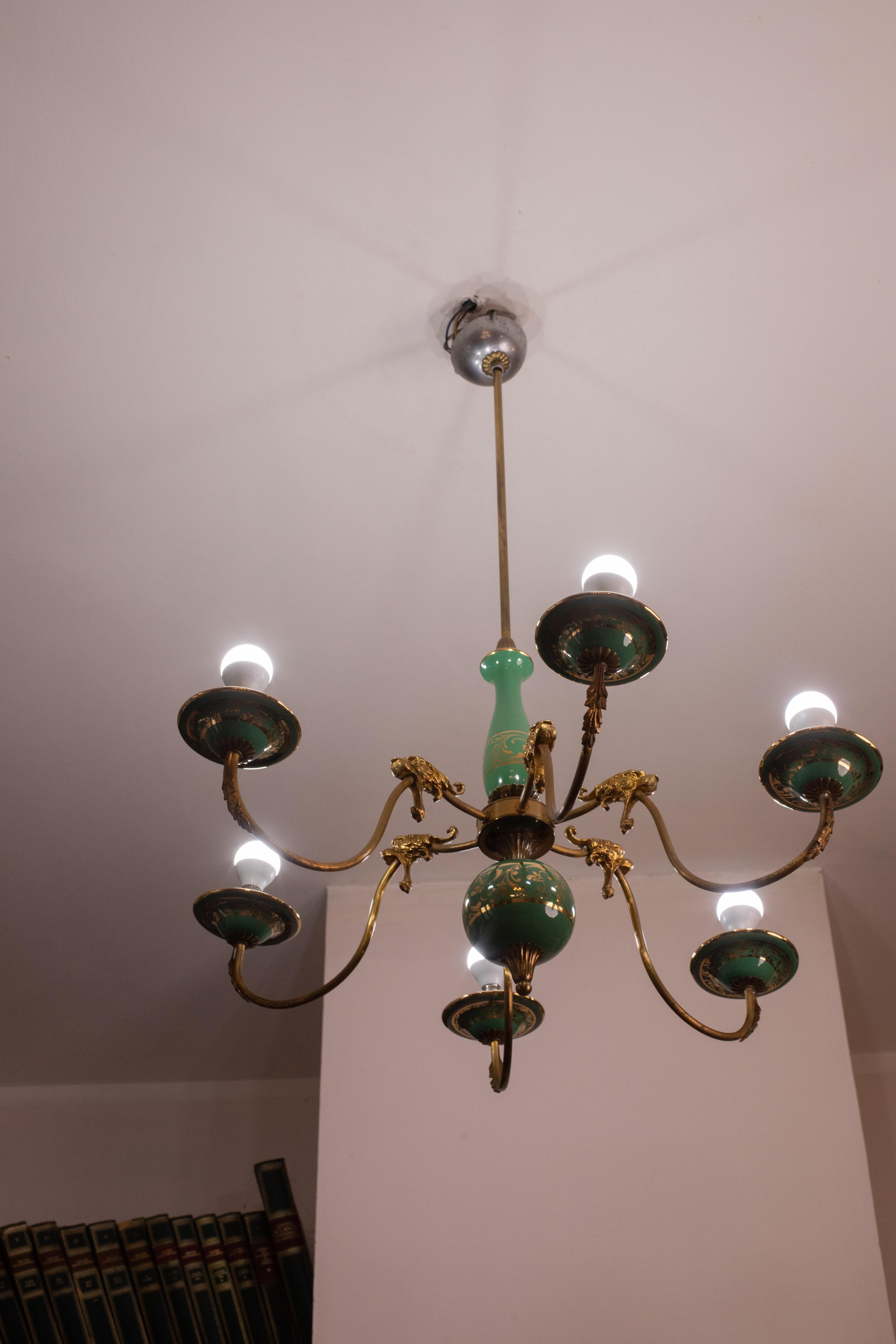 Art Deco Brass and Painted Terracotta Chandelier with Lion Friezes, 1950s 7