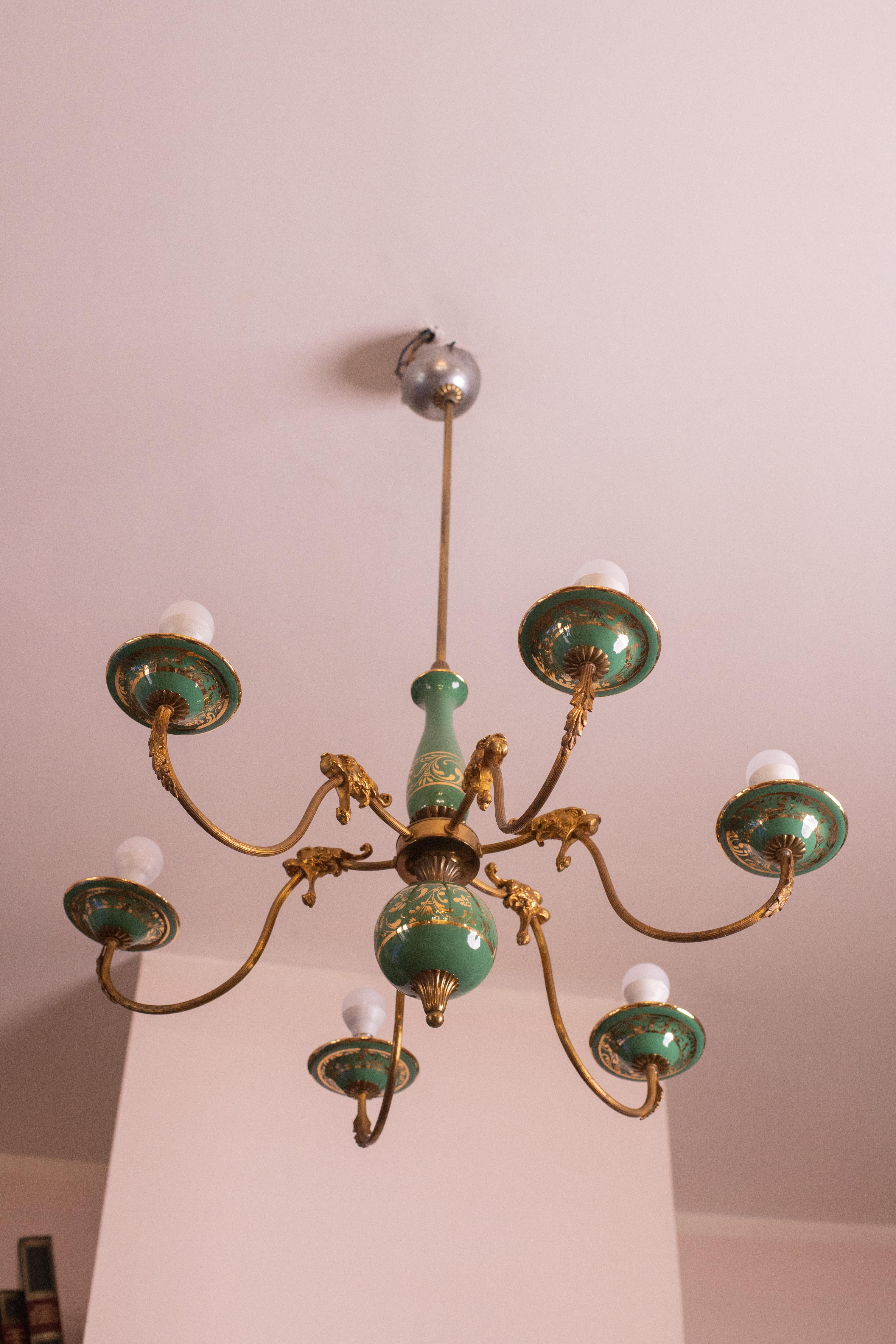 Art Deco Brass and Painted Terracotta Chandelier with Lion Friezes, 1950s 9