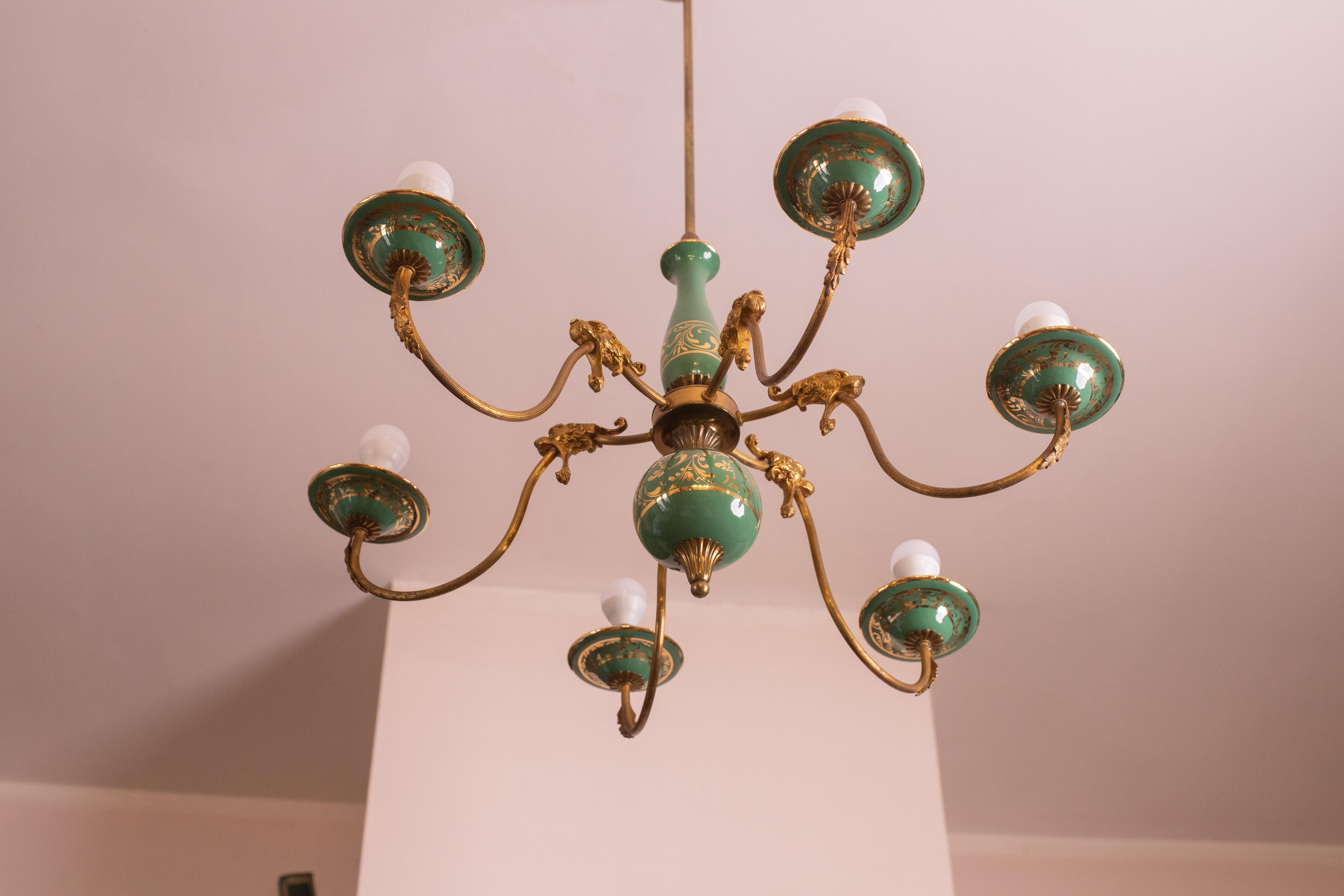 Art Deco Brass and Painted Terracotta Chandelier with Lion Friezes, 1950s 10