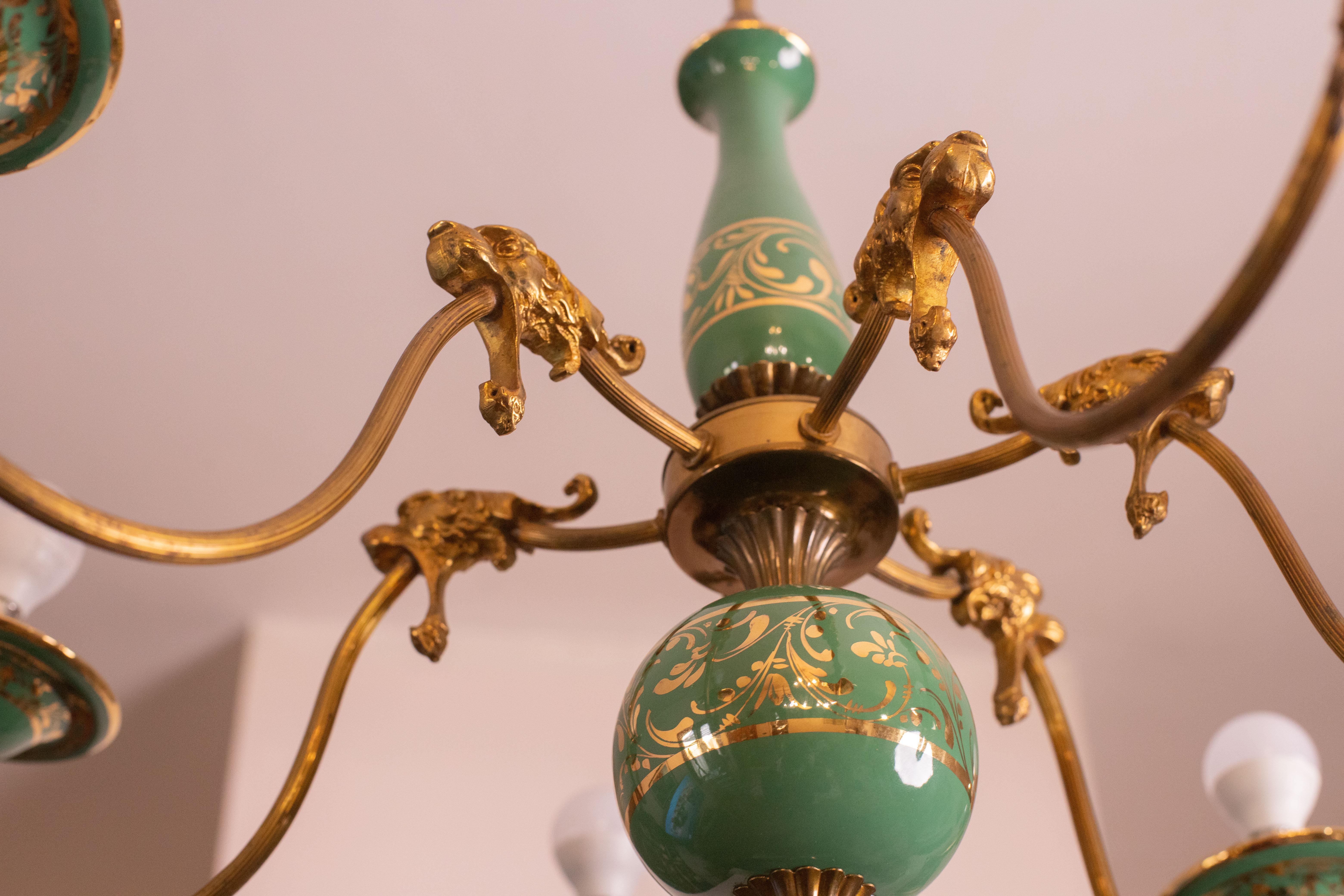 Art Deco Brass and Painted Terracotta Chandelier with Lion Friezes, 1950s 11