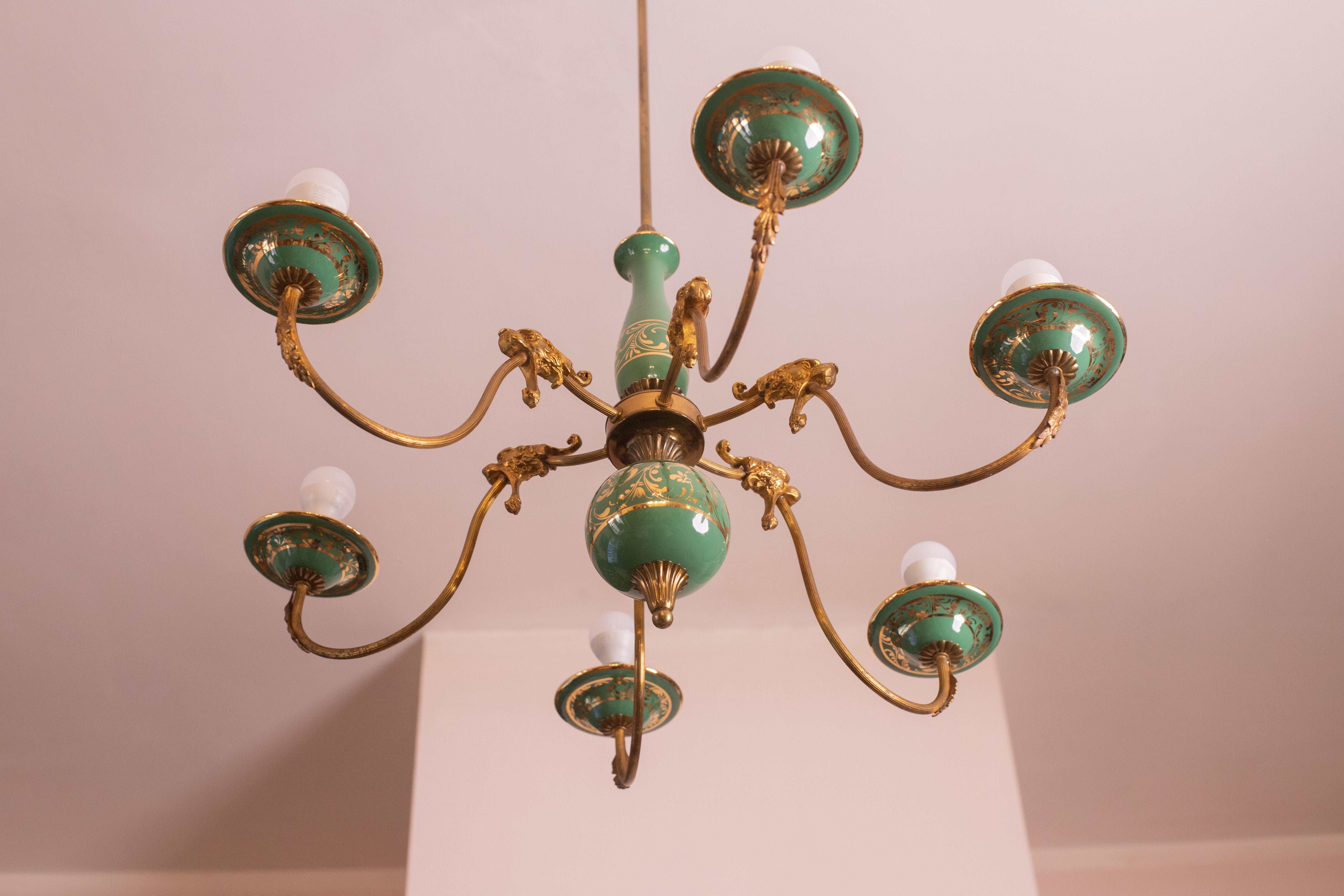 Art Deco Brass and Painted Terracotta Chandelier with Lion Friezes, 1950s 13