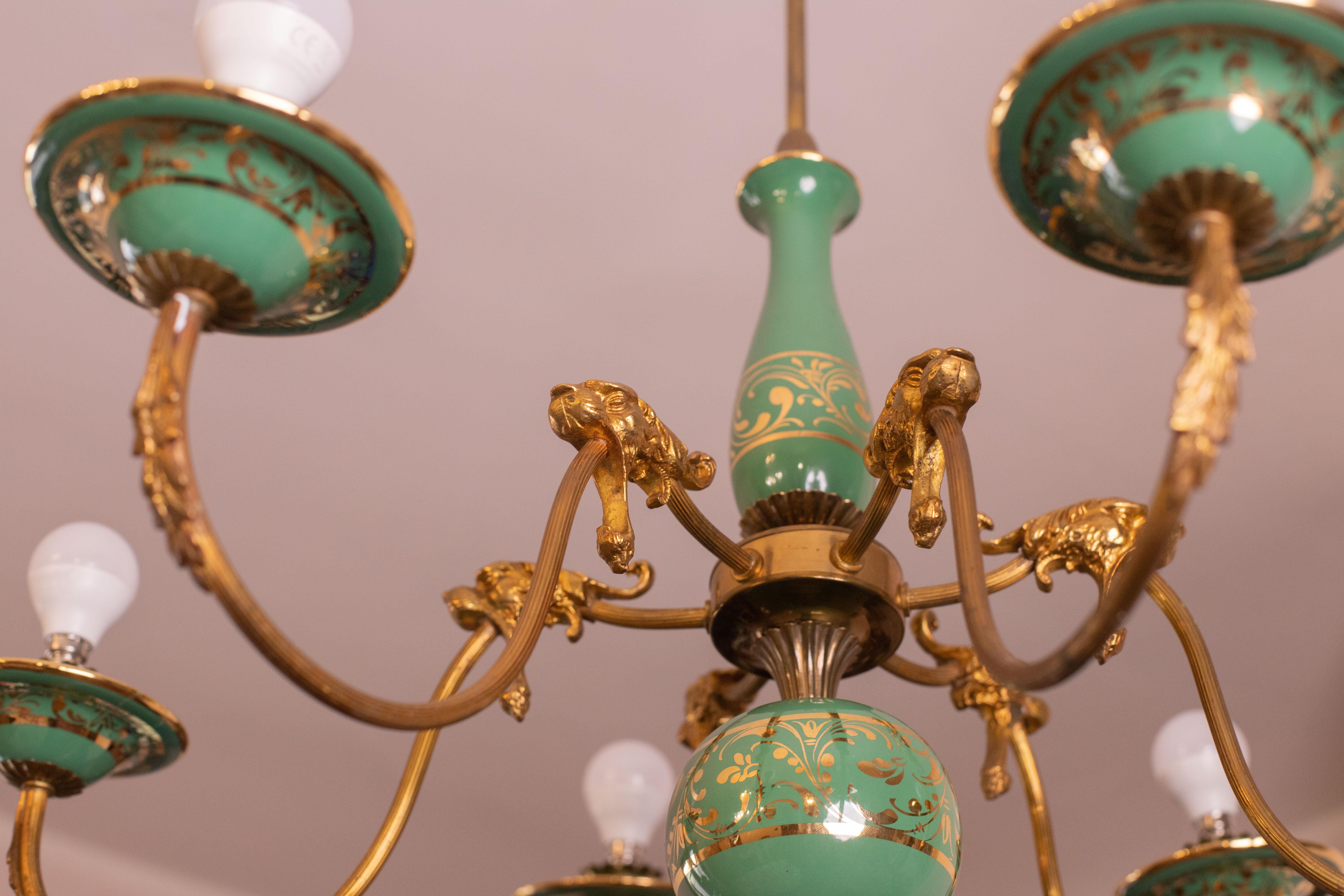 Art Deco Brass and Painted Terracotta Chandelier with Lion Friezes, 1950s 14