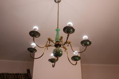 Art Deco Brass and Painted Terracotta Chandelier with Lion Friezes, 1950s
