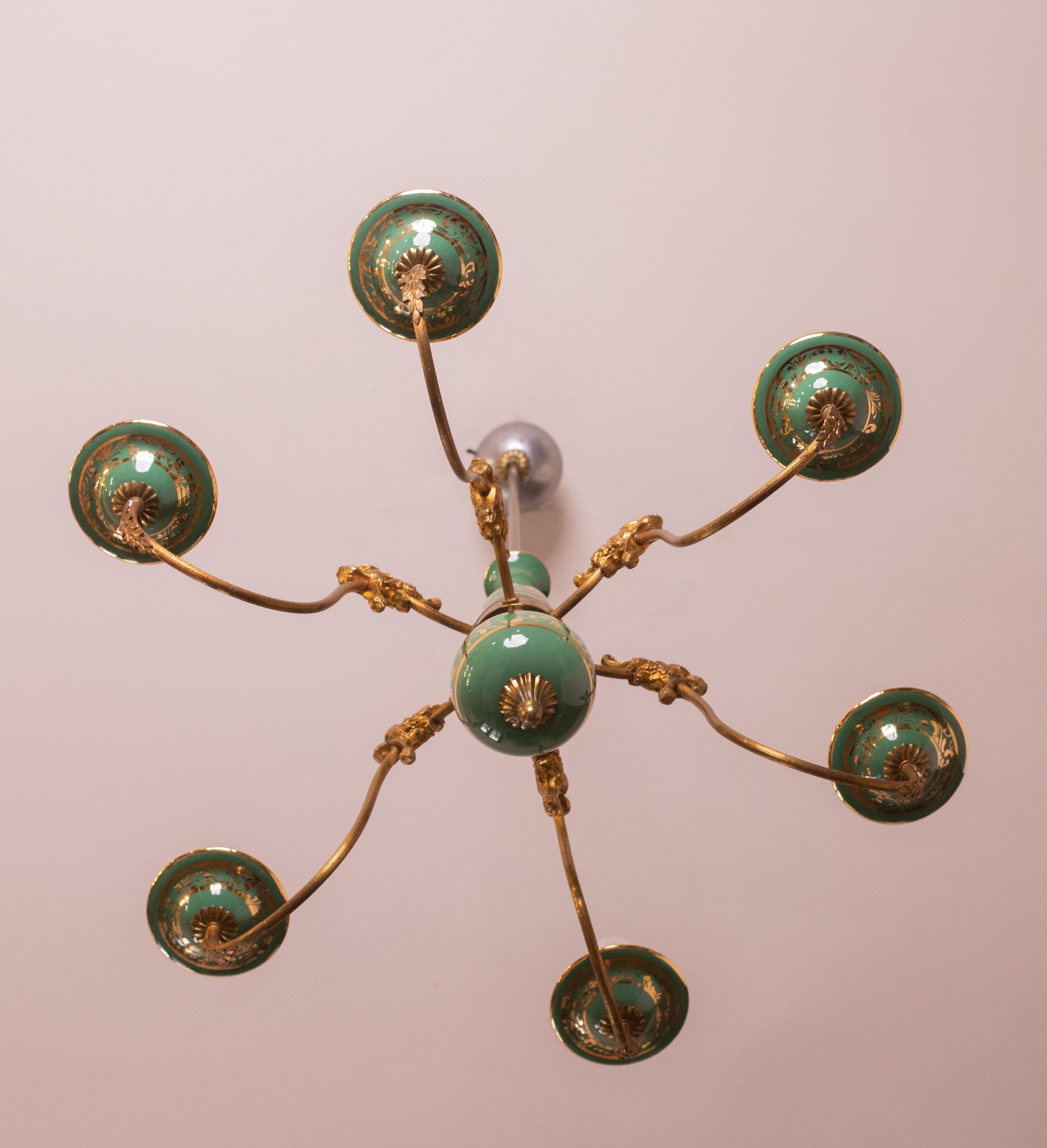 Art Deco Brass and Painted Terracotta Chandelier with Lion Friezes, 1950s 1