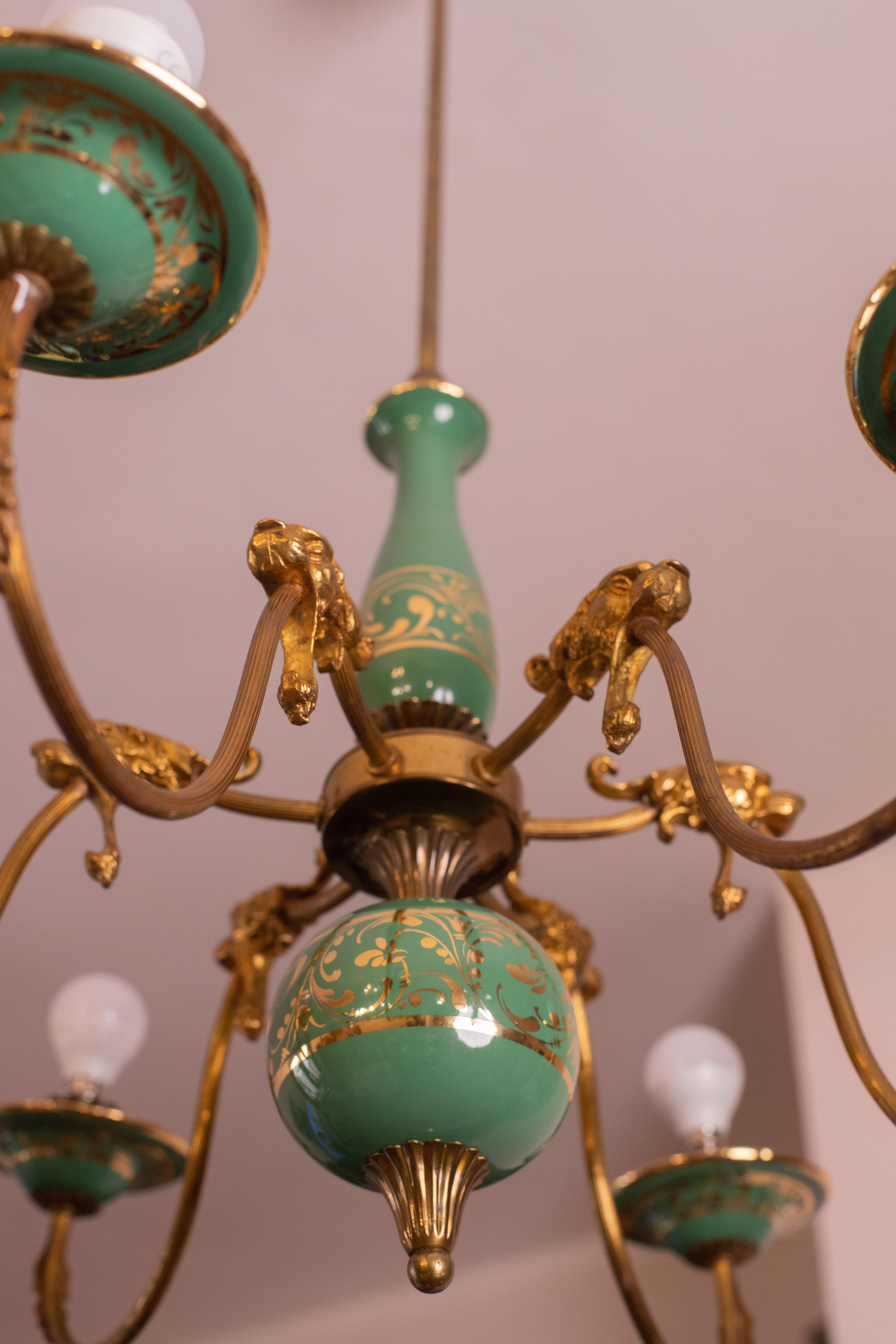 Art Deco Brass and Painted Terracotta Chandelier with Lion Friezes, 1950s 5