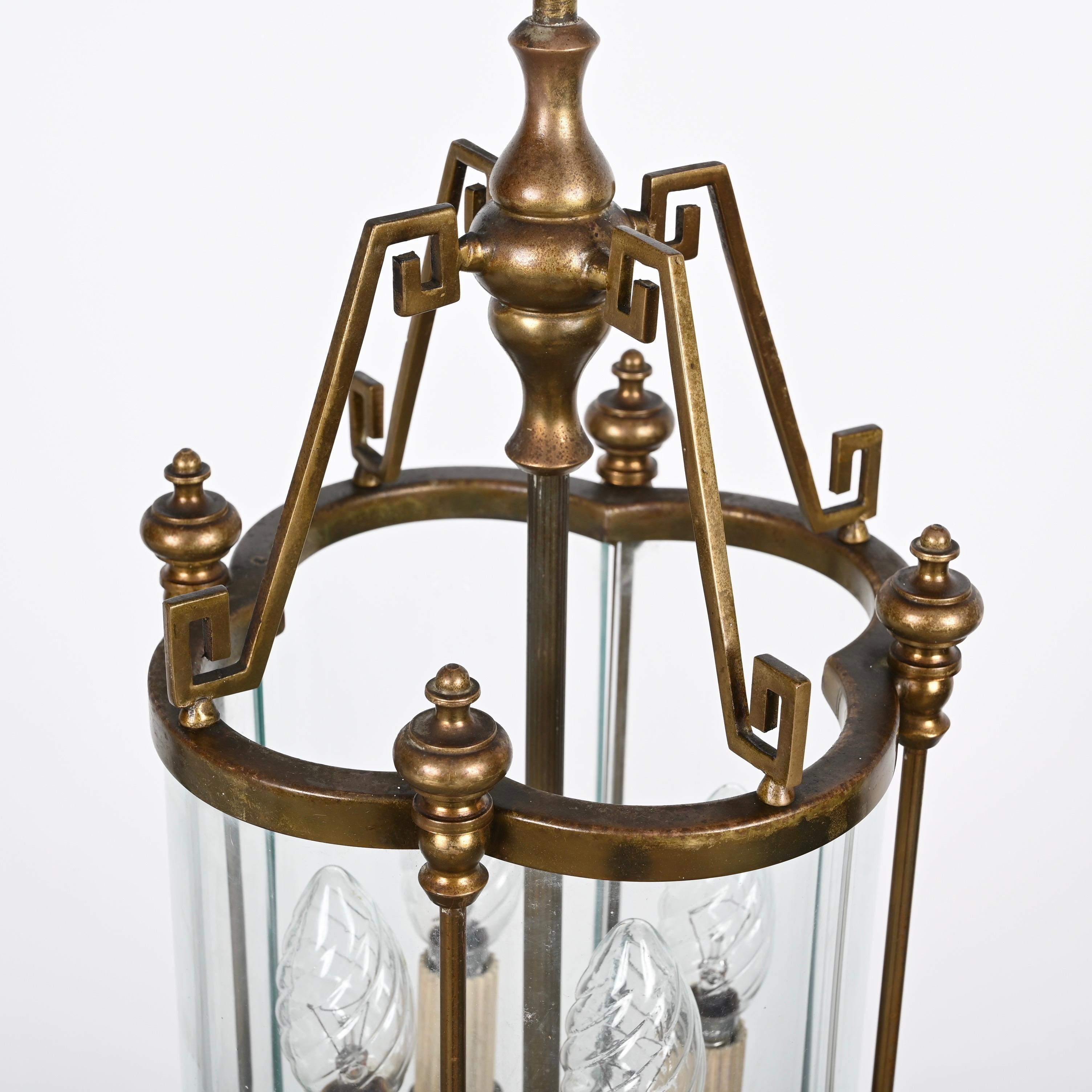 Art Deco Brass and Semicircular Glass Italian Chandelier after Adolf Loos, 1950s For Sale 11