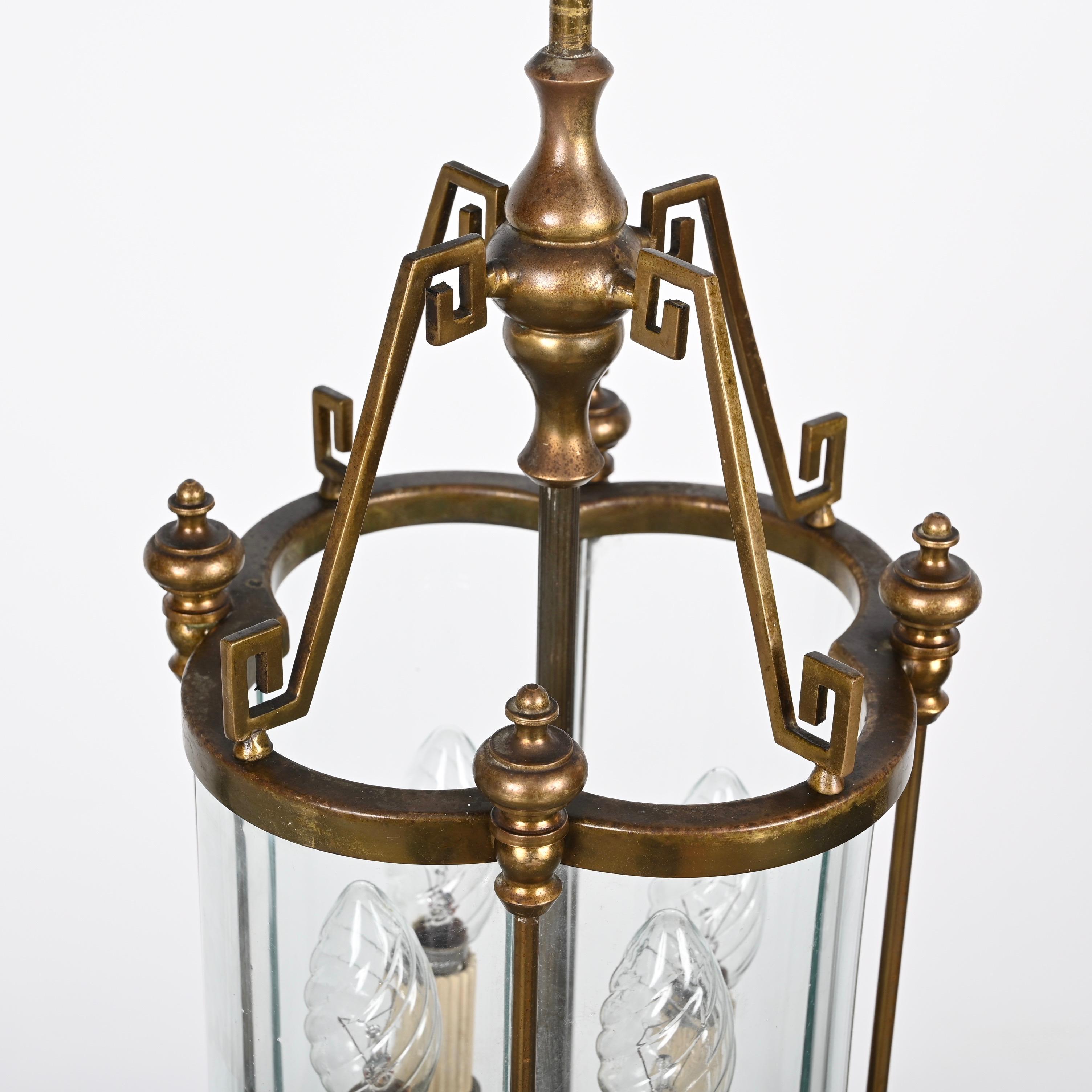 Art Deco Brass and Semicircular Glass Italian Chandelier after Adolf Loos, 1950s For Sale 12