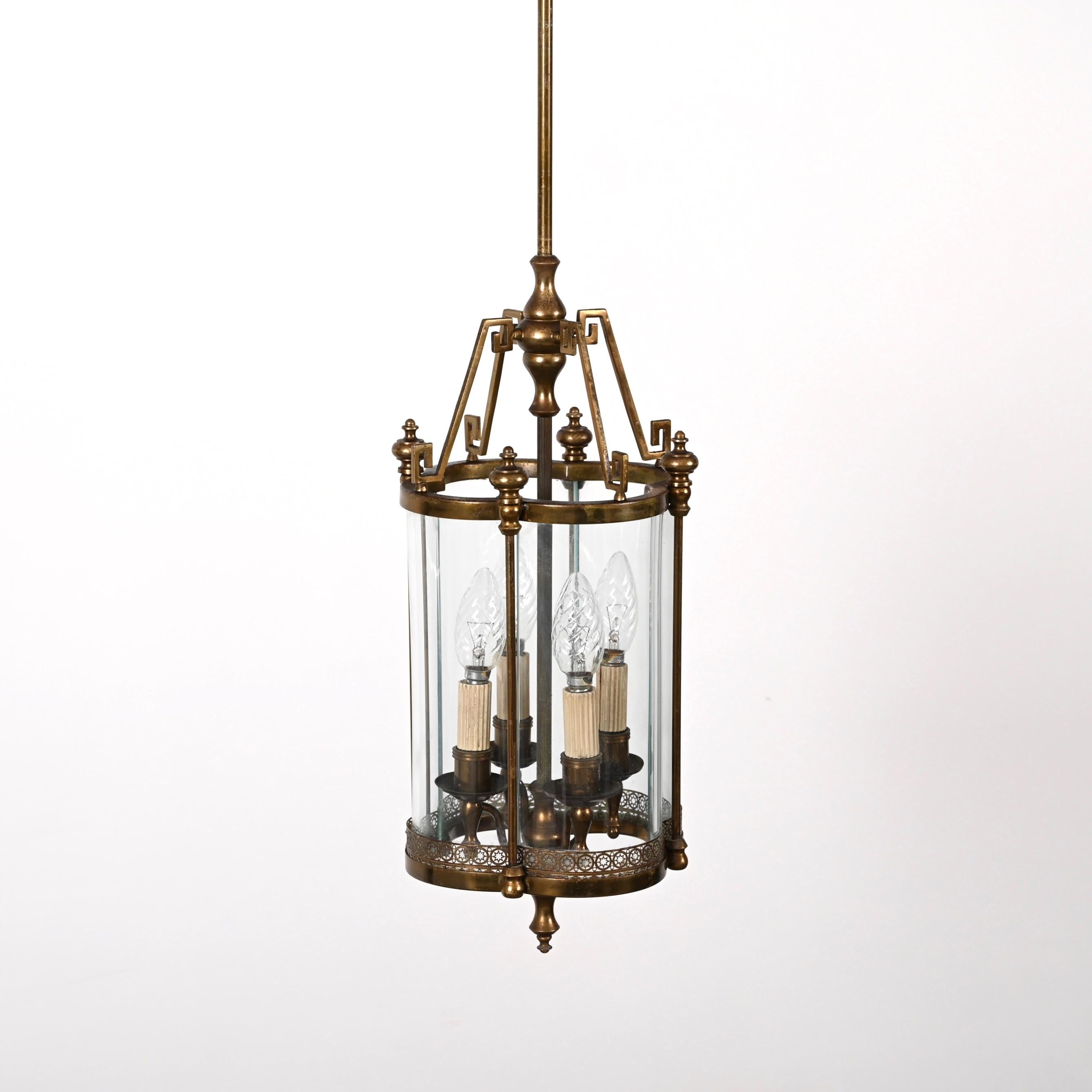 Art Deco Brass and Semicircular Glass Italian Chandelier after Adolf Loos, 1950s For Sale 3