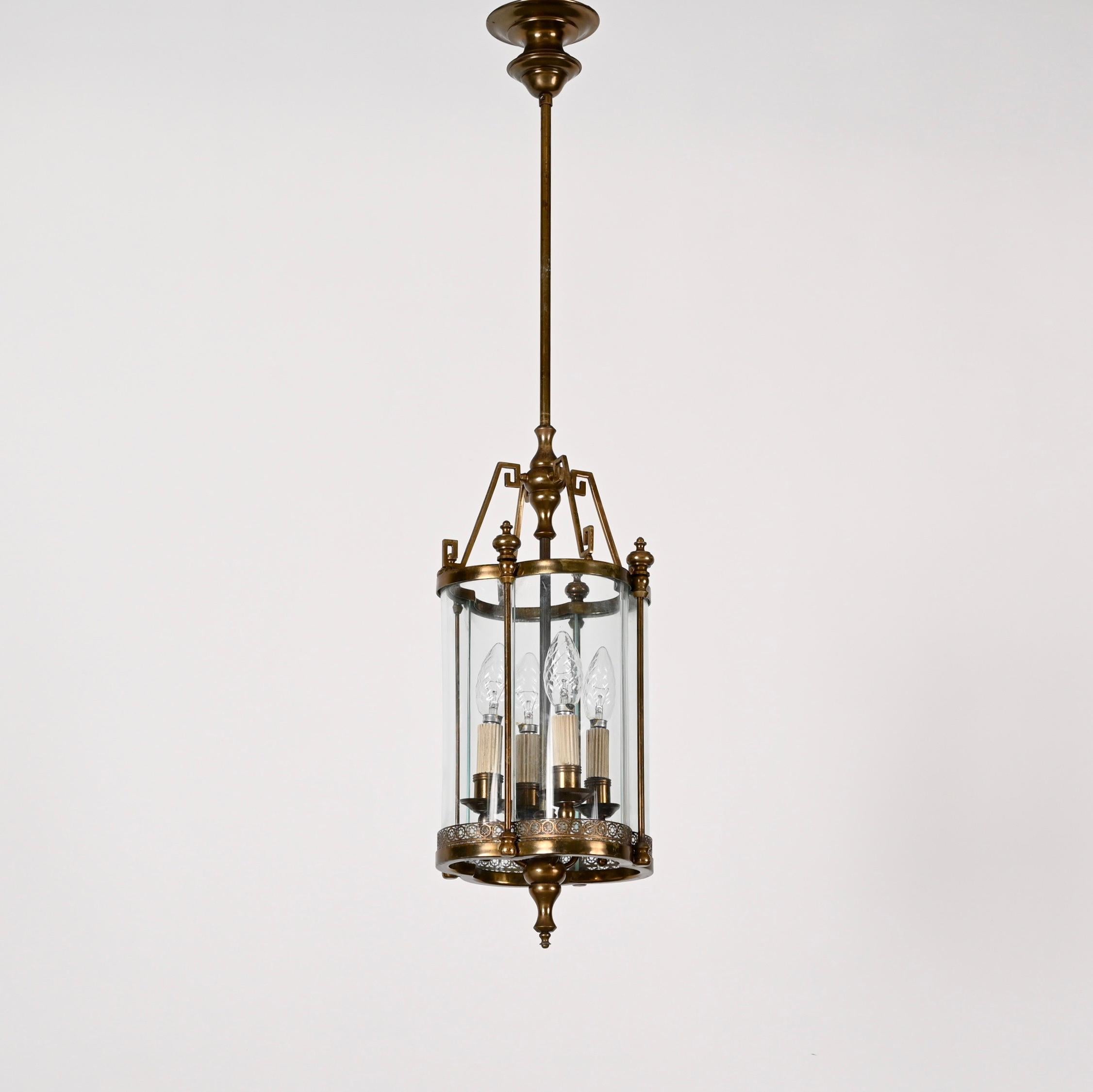 Art Deco Brass and Semicircular Glass Italian Chandelier after Adolf Loos, 1950s For Sale 5