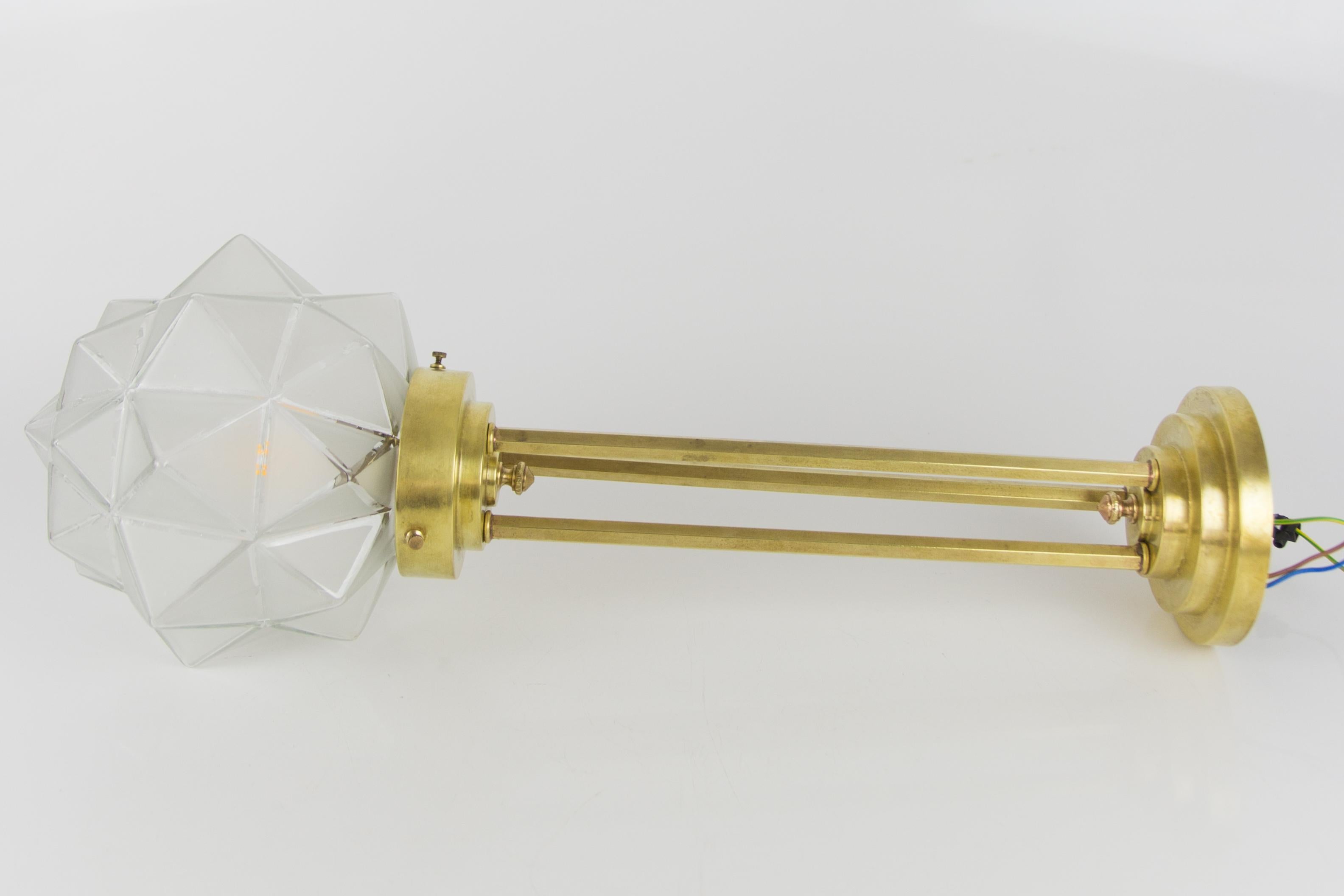 Art Deco Brass and White Frosted Glass Pendant Light, France, 1930s For Sale 7