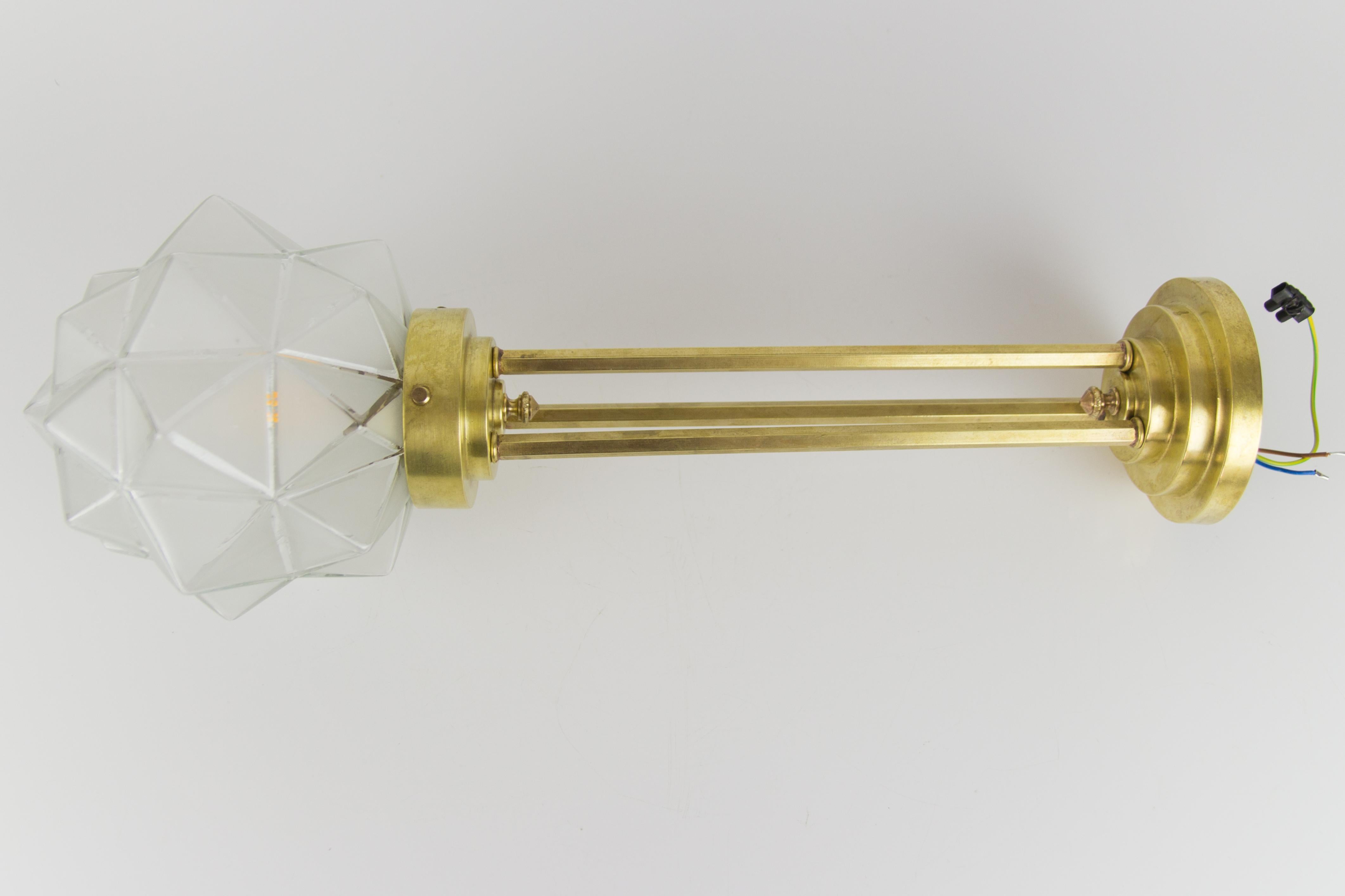 Art Deco Brass and White Frosted Glass Pendant Light, France, 1930s For Sale 8