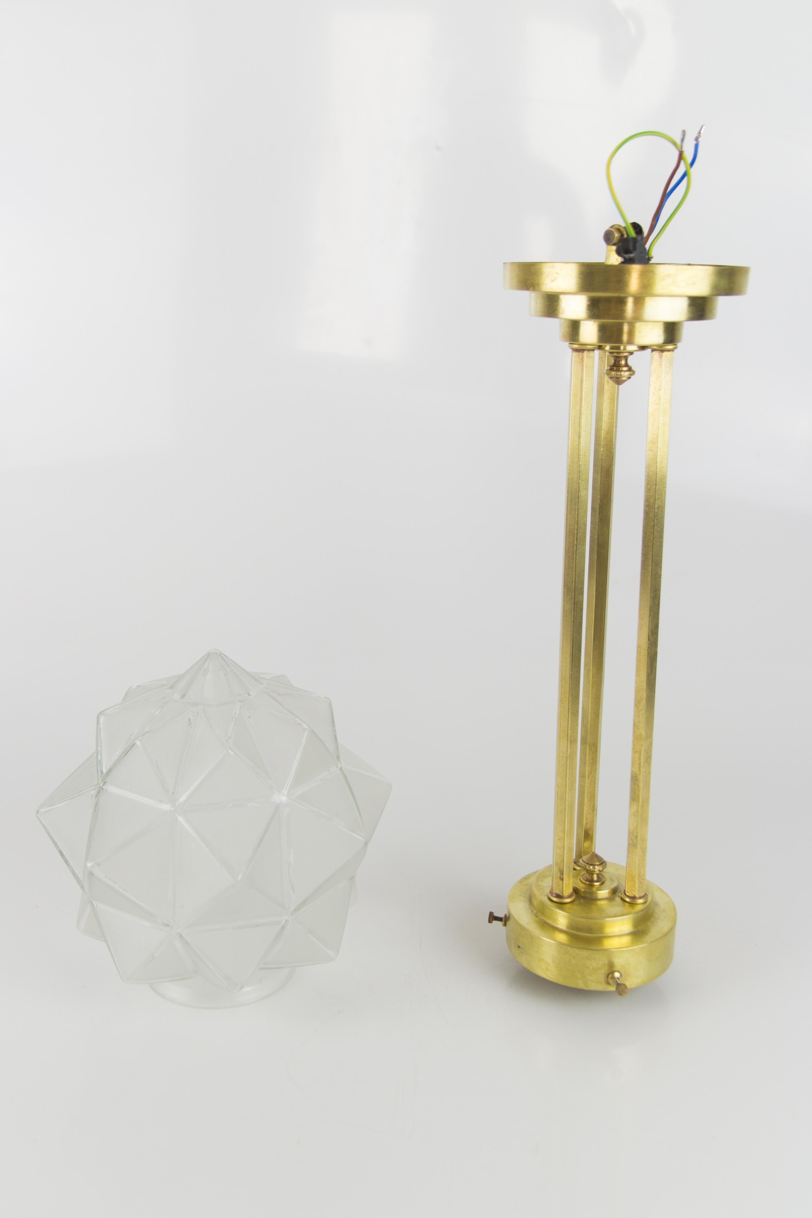 Art Deco Brass and White Frosted Glass Pendant Light, France, 1930s For Sale 11