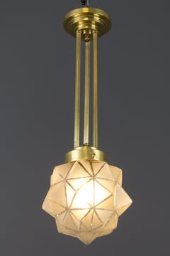 Art Deco Brass and White Frosted Glass Pendant Light, France, 1930s