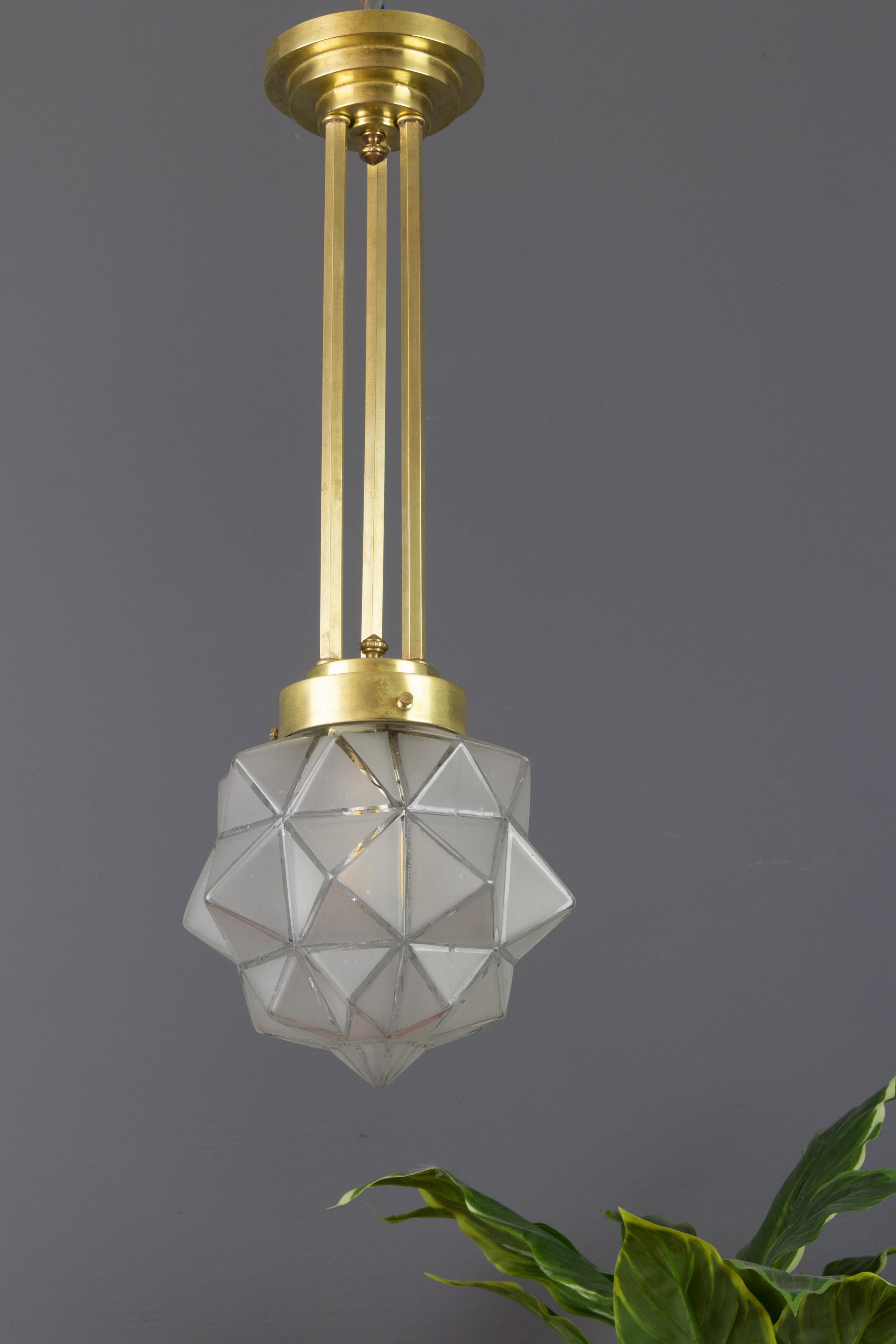 French Art Deco Brass and White Frosted Glass Pendant Light, France, 1930s For Sale