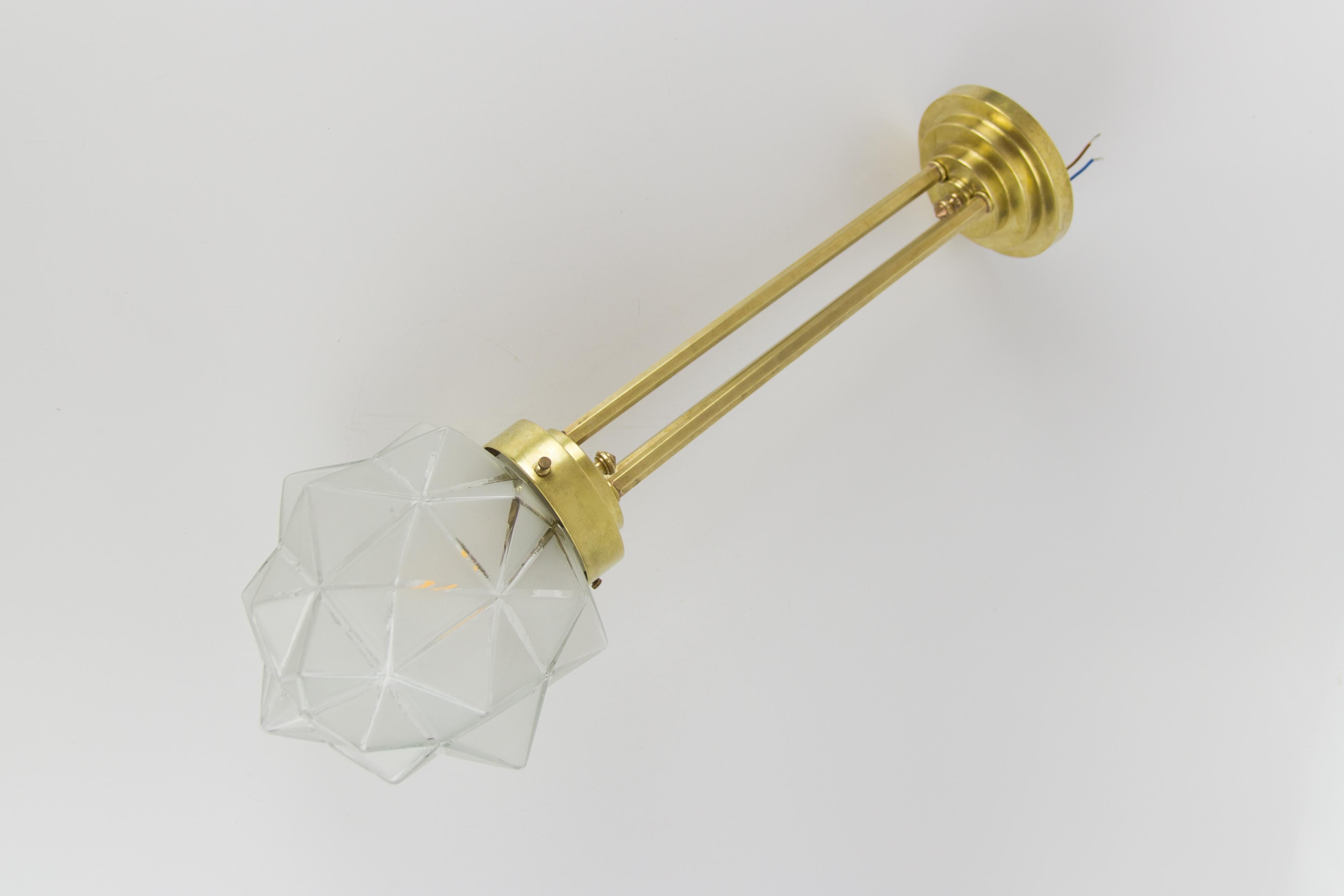 Art Deco Brass and White Frosted Glass Pendant Light, France, 1930s For Sale 4