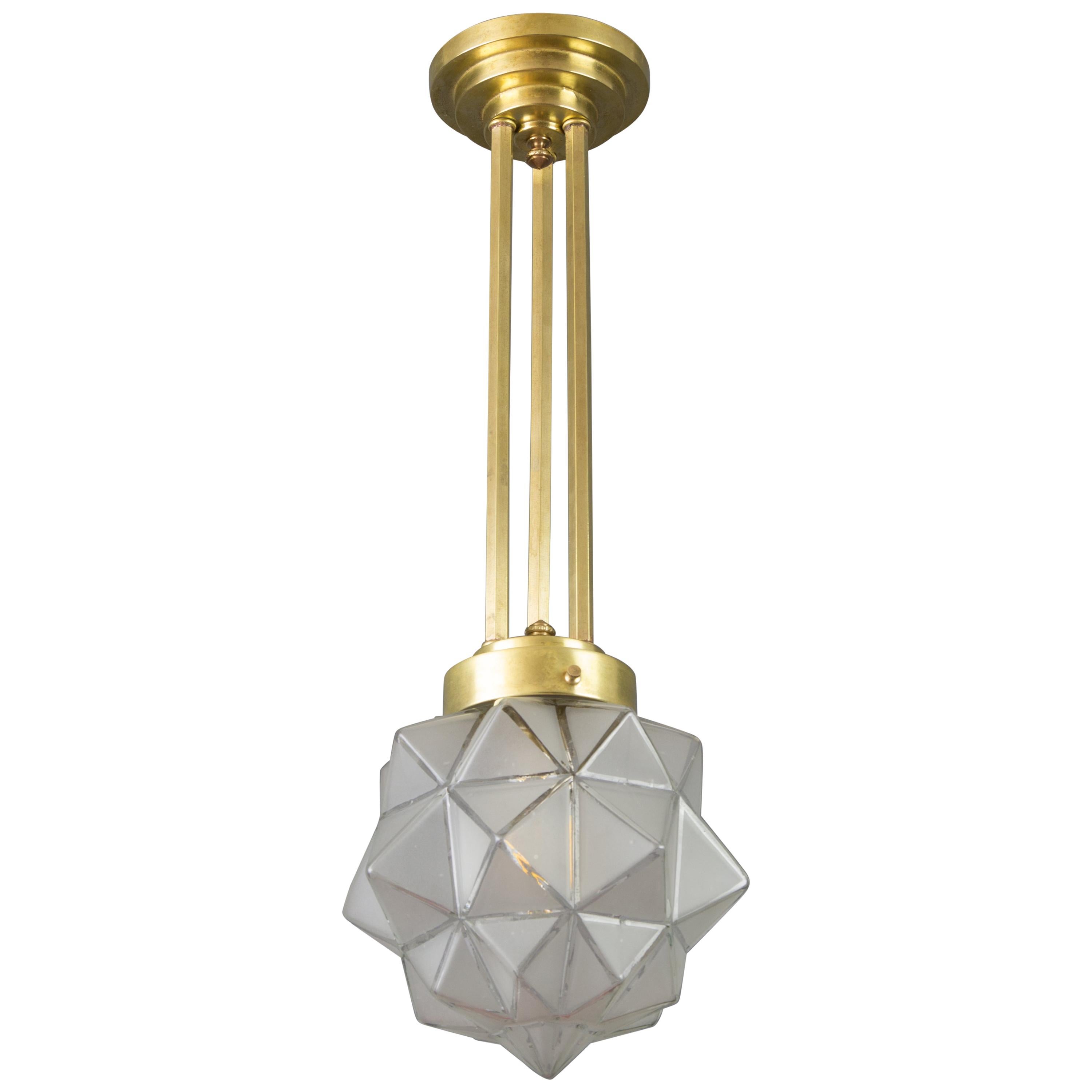 Art Deco Brass and White Frosted Glass Pendant Light, France, 1930s