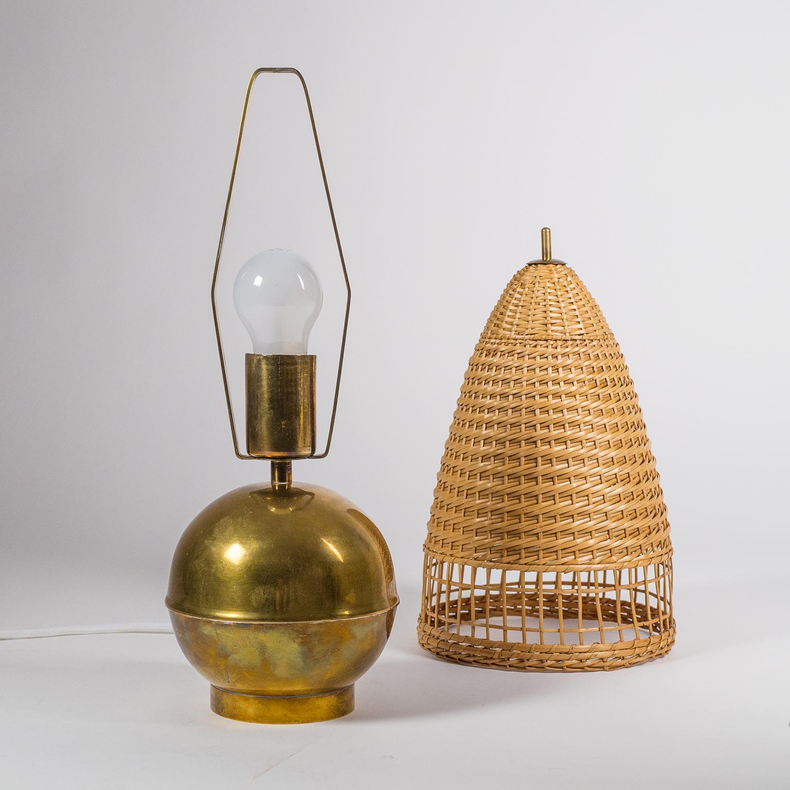 Art Deco Brass and Wicker Table Lamp, 1940s 7