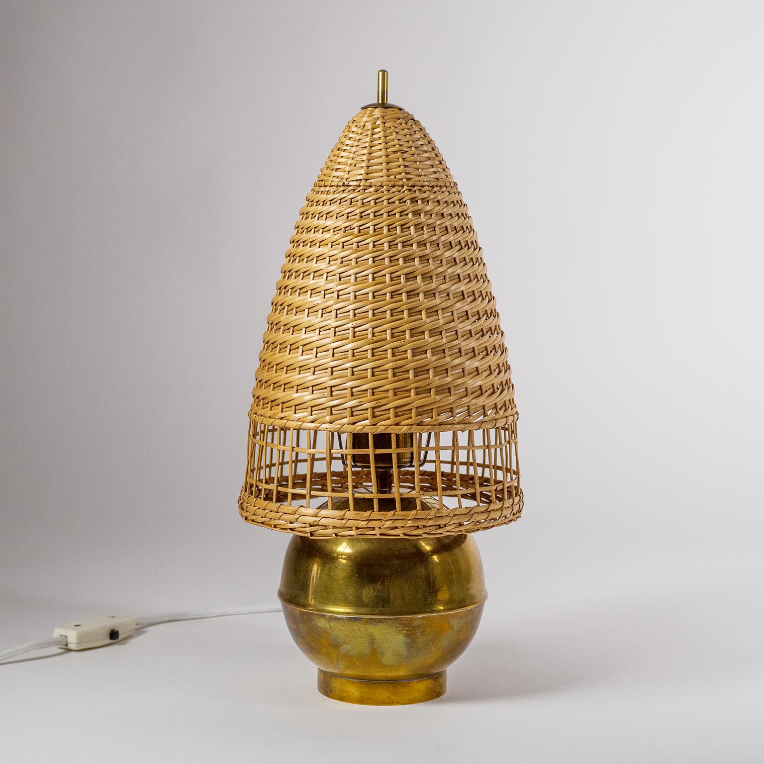 Art Deco Brass and Wicker Table Lamp, 1940s 8