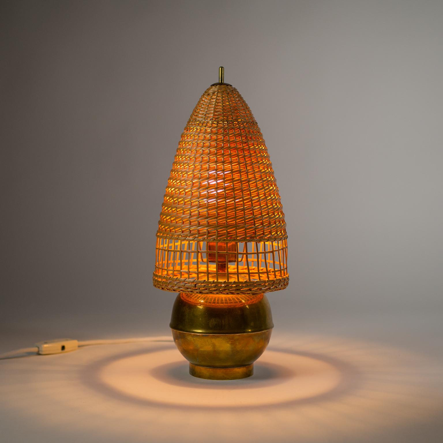 Art Deco Brass and Wicker Table Lamp, 1940s 9