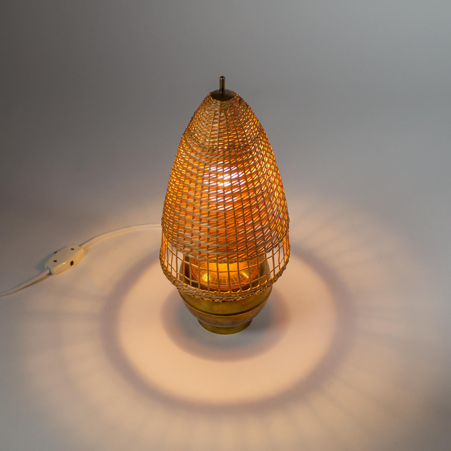 German Art Deco Brass and Wicker Table Lamp, 1940s