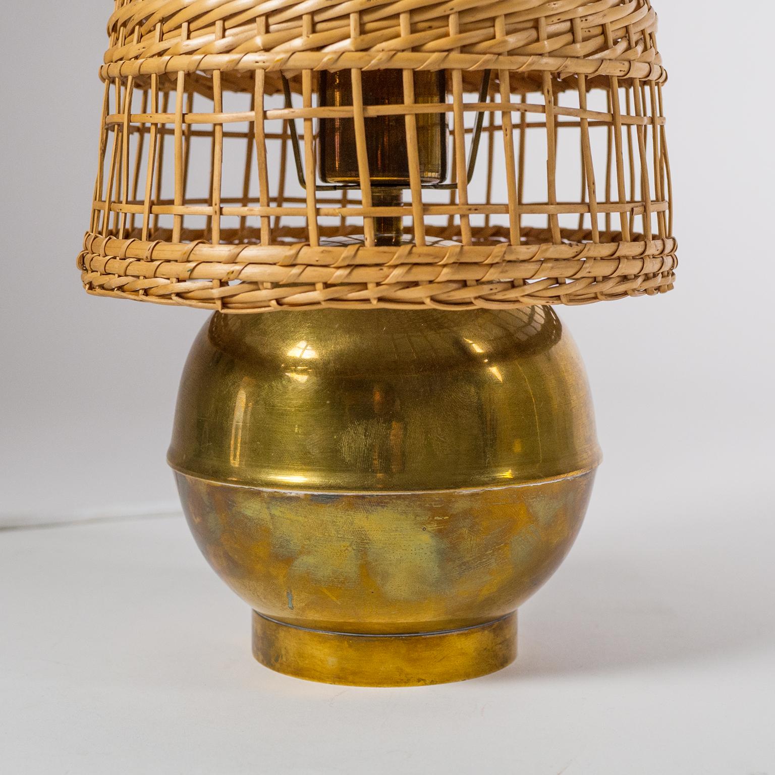 Art Deco Brass and Wicker Table Lamp, 1940s 3