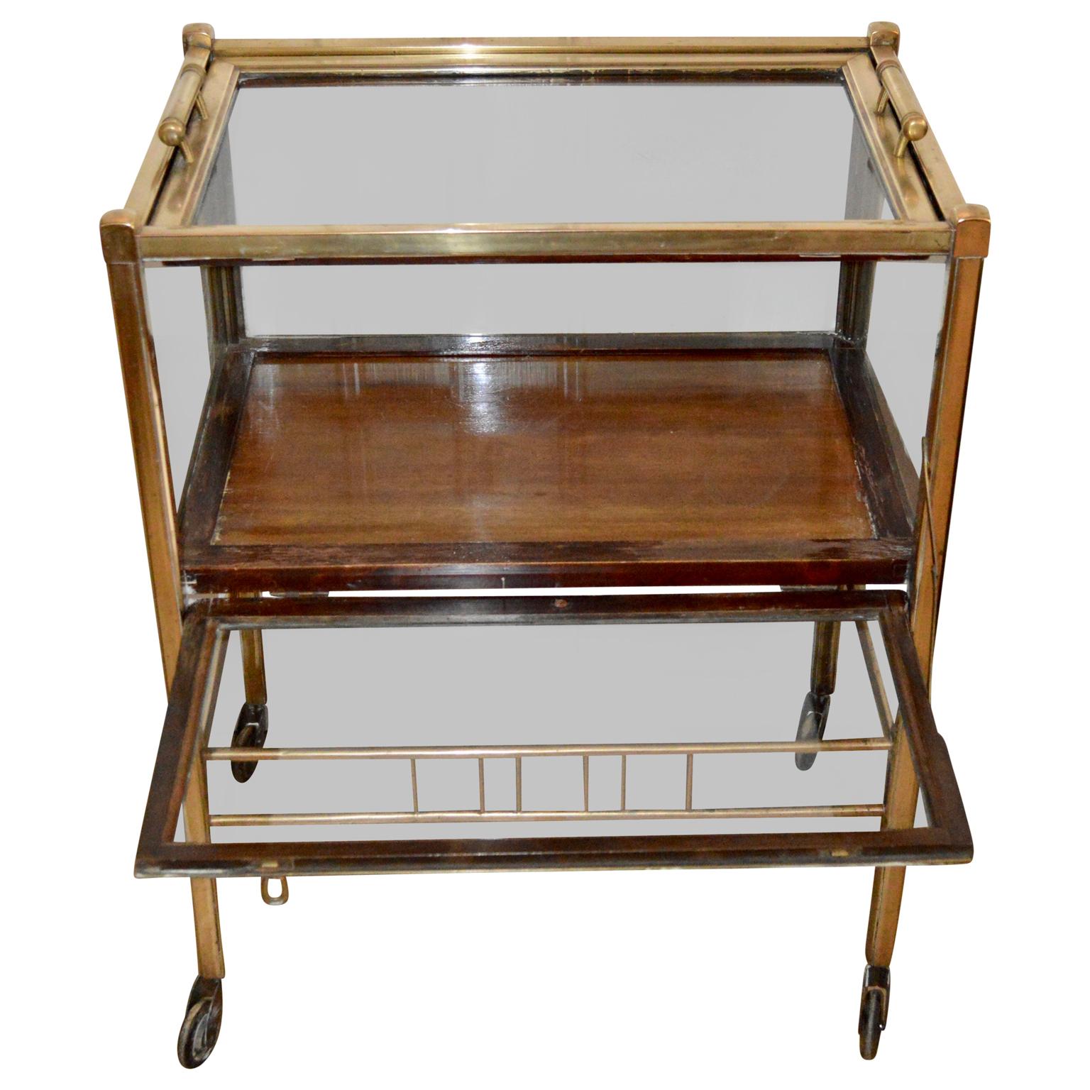 Beveled Art Deco Brass And Wood Bar Cart Trolley By Ernst Rockhausen, Germany, 1920s