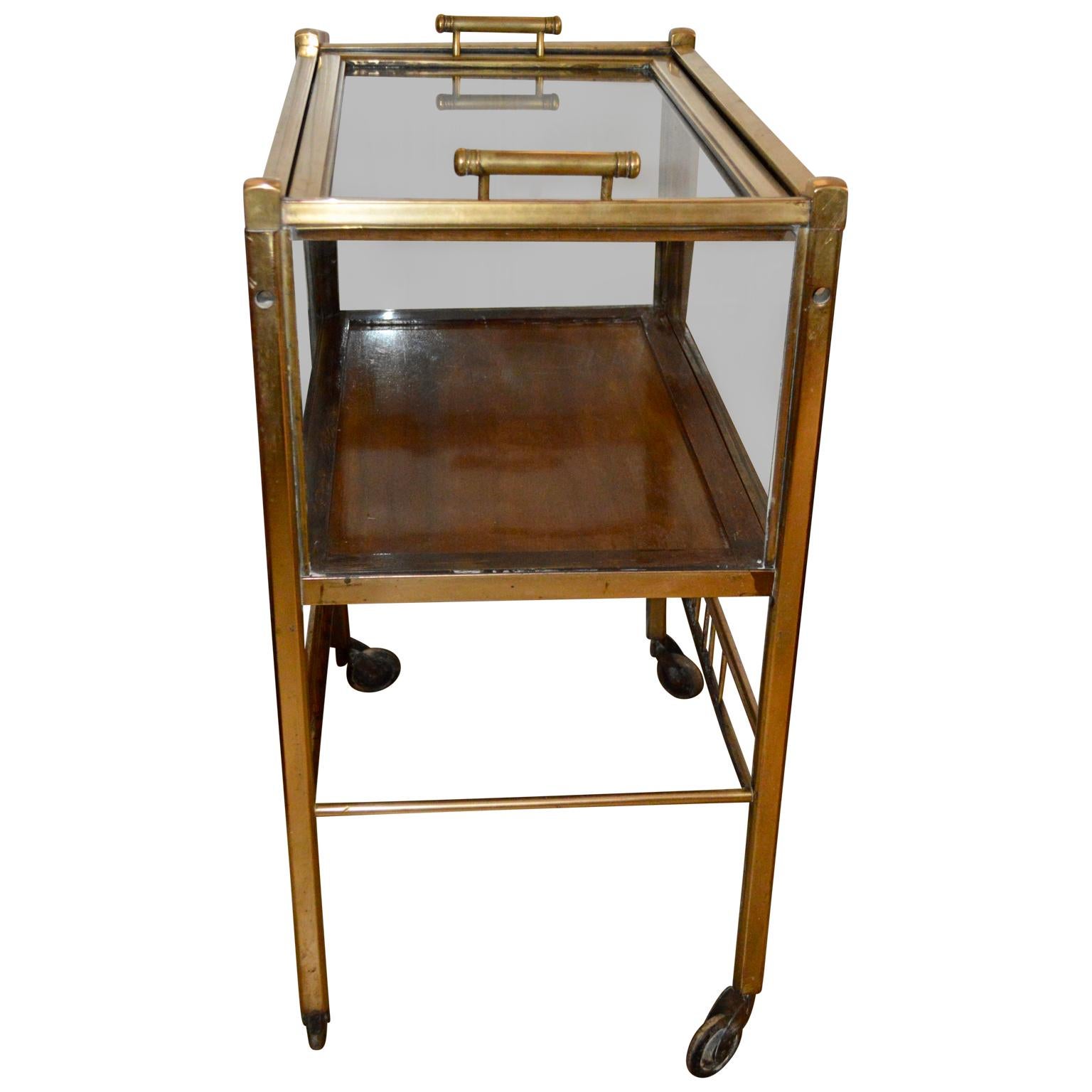 Art Deco Brass And Wood Bar Cart Trolley By Ernst Rockhausen, Germany, 1920s In Good Condition In Haddonfield, NJ