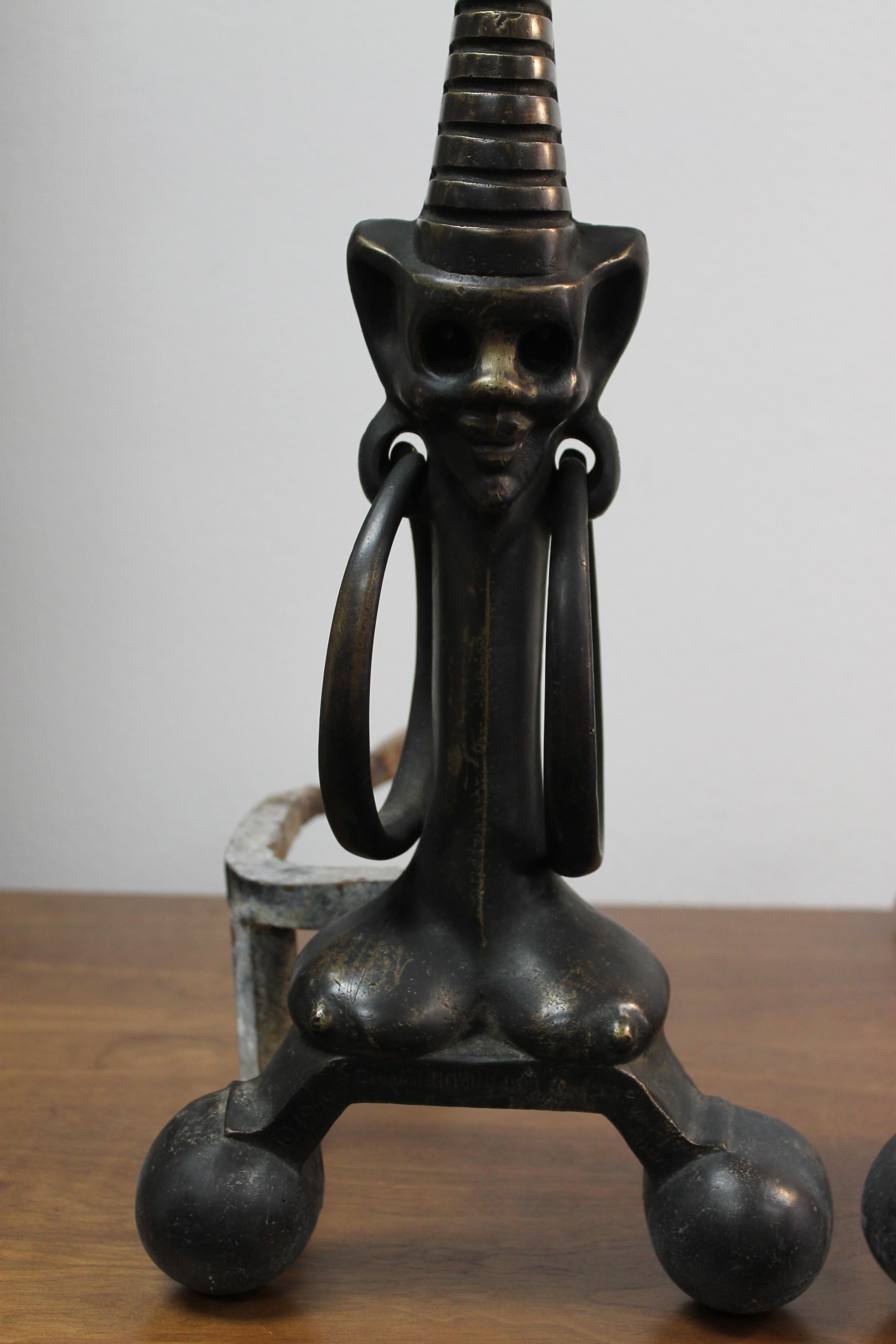Art Deco Bronze Andirons African Motif In Good Condition In Palm Springs, CA