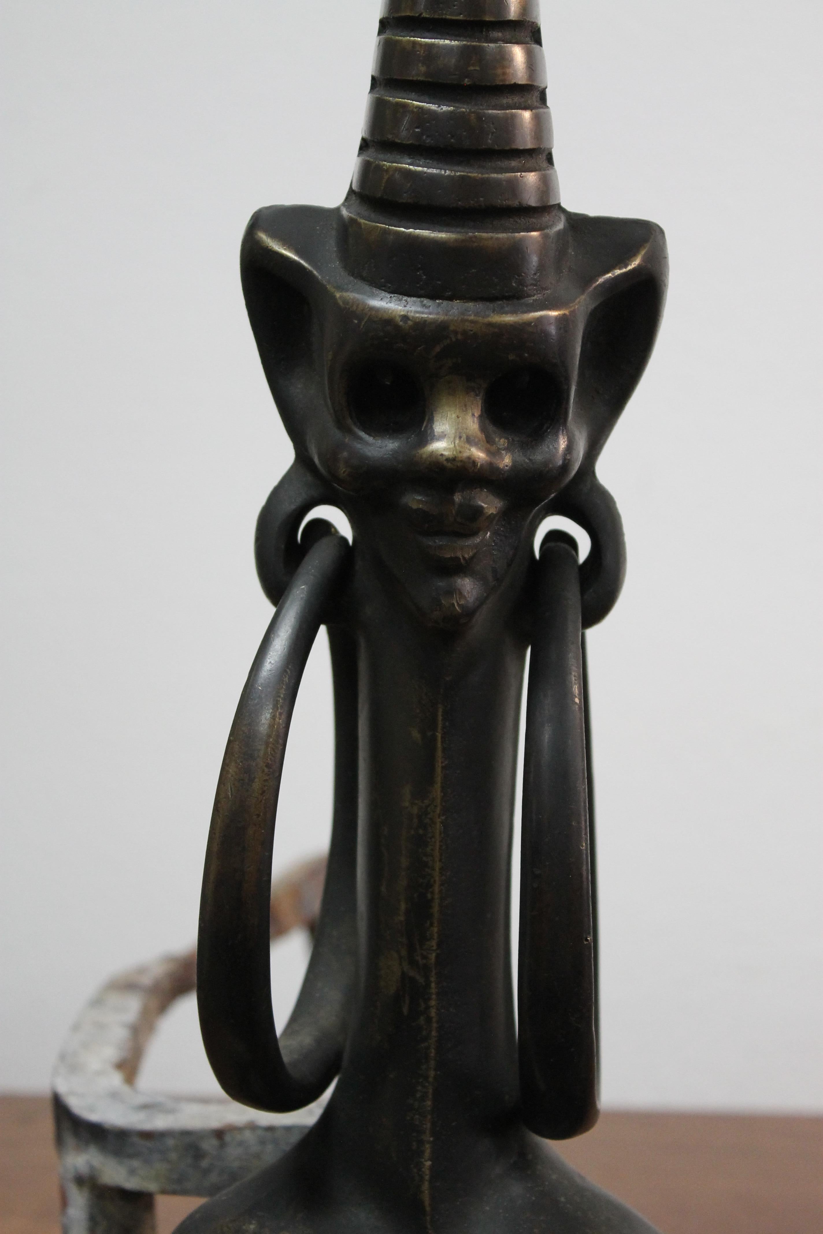 Mid-20th Century Art Deco Bronze Andirons African Motif