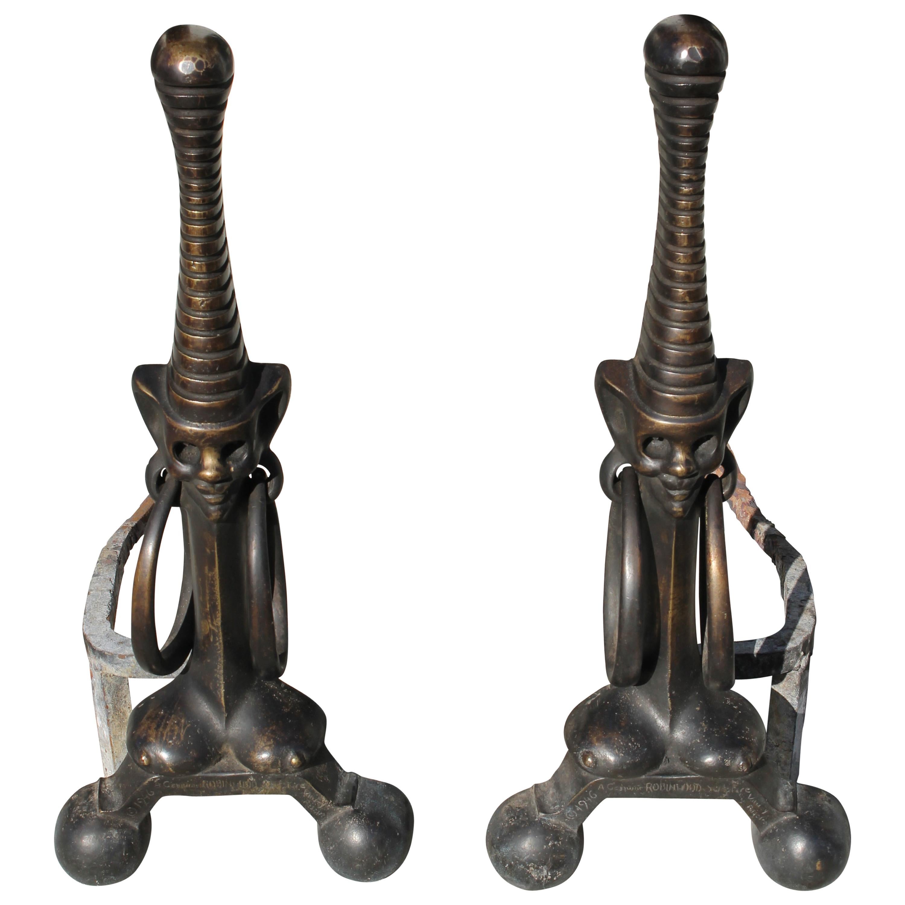 Art Deco Bronze Andirons African Motif