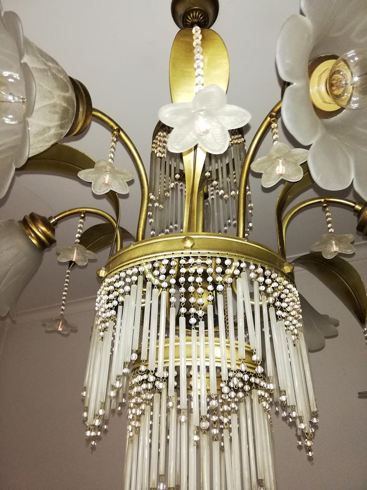Art Deco Brass Beaded Straw Glass Flowers Palm Tree Hollywood Regency Chandelier For Sale 1