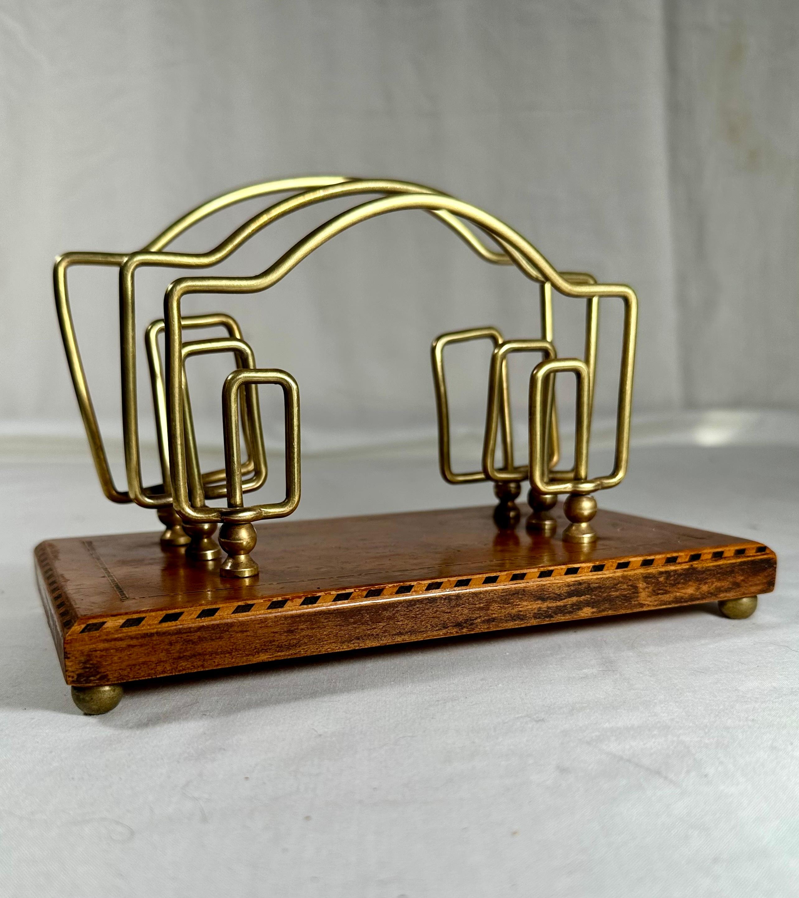Inlay Art Deco Brass Birdseye Maple Marquetry Desk Letter Holder. For Sale